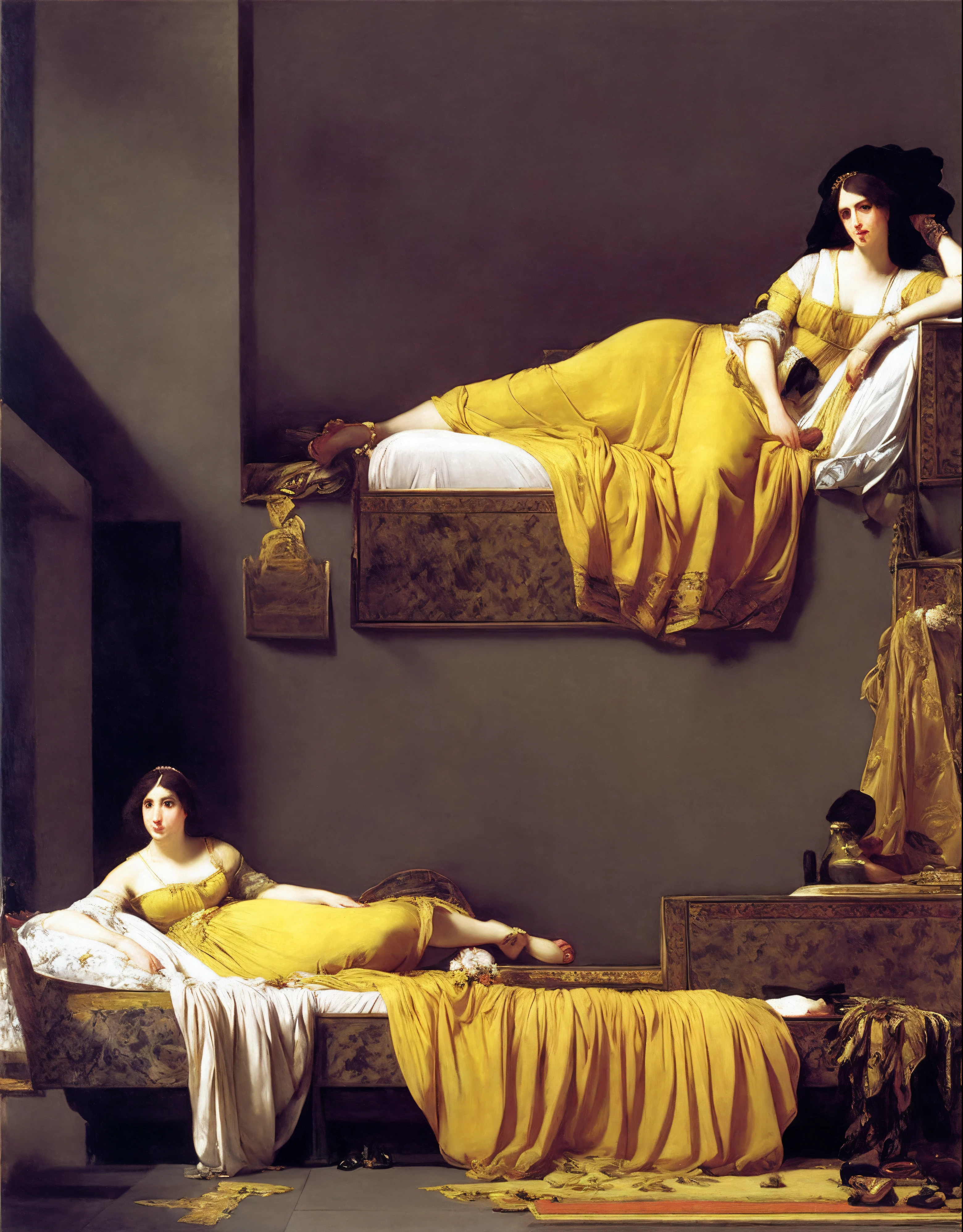 there is a woman standing in front of the wall with a painting, Inspired by Jacques-Louis David, inspired by Orazio Gentileschi, Inspired by Artemisia Gentileschi, based on Antonio Canova, inspired by Jean-Auguste-Dominique Ingres, inspired by Jean Auguste Dominique Ingres