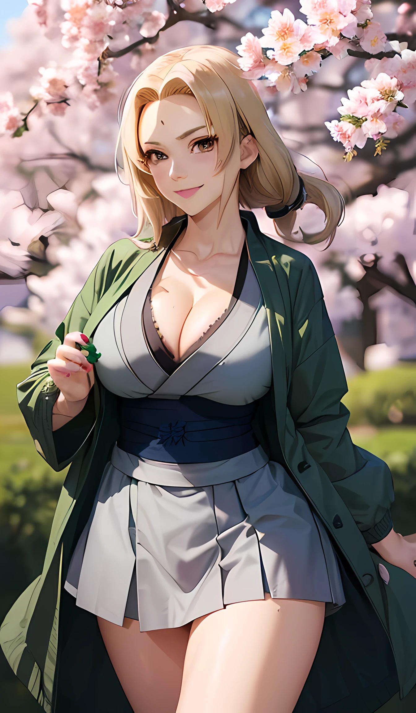 T5un4D3, marks,Tsunade, ((Gray kimono,Gray skirt、 Dark blue sash, The jacket is a green jacket))、8K, 1girl in, 独奏,cleavage of the breast,(​masterpiece:1.4),(Top image quality:1.4),(glowy skin),Tsunade_senju、A smile、Big thighs、Big ass, cherry blossoms