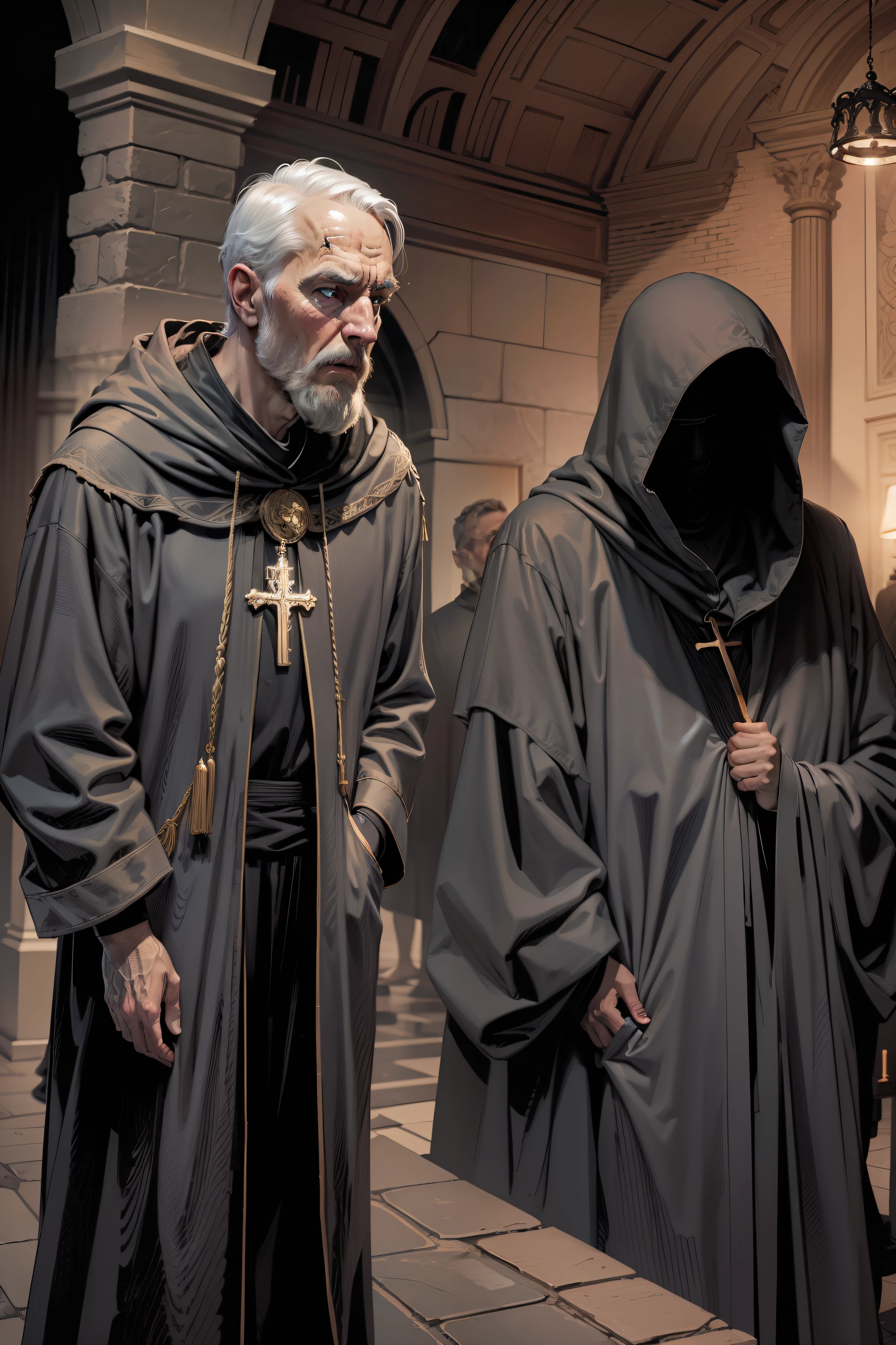 Very detailed and extremely intricate 8K graphic novel art image of a horrified 50 year old man, very detailed and wide eyes, dressed in black pajamas, standing in the foyer of a Catholic church, night, next to a figure wearing a robe rustic black with a raised hood that creates shadows covering the face