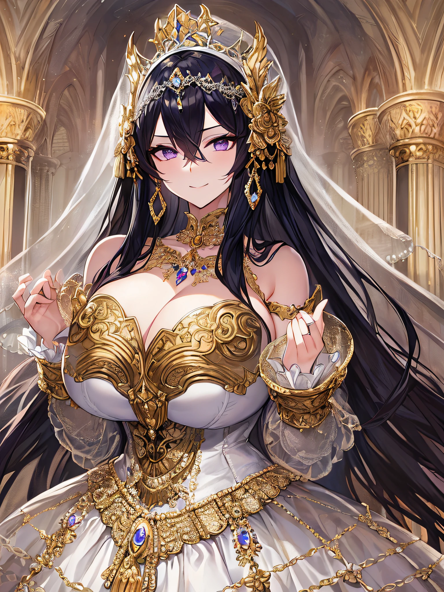 ((anime artstyle)),Masterpiece,Best Quality,Super Detail,Very Delicate and Beautiful,Solo,((full body)),((1 arrogant queen wearing beautiful embroidery gorgeous stately white wedding rococo dress with voluminous crinoline hoop skirt)),(gigantic tits,skindentation),jewel-like eyes,((((arrogant,haughty)))),dominant pose,(haughty smile),Sharp eyes,Purple eyes,((Bangs between eyes,voluminous straight hair,extremely Long straight Hair)),black hair,gorgeous embroidery and lace,enormous puffed sleeves,luxury hair ornament,extremely gorgeousfull jeweled tiara,long train,bling-bling gorgeous gemstone jewelry,long wedding veil,detailed face and eyes,full body,standing in the sacred cathedral,((beautiful embroidery gorgeous stately white wedding rococo dress with voluminous crinoline hoop skirt))