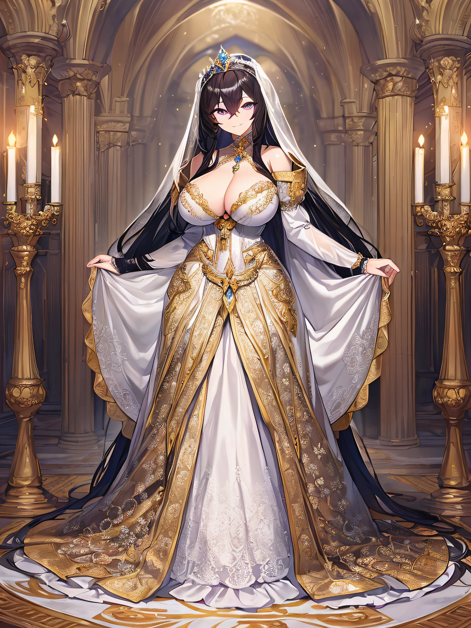 ((anime artstyle)),Masterpiece,Best Quality,Super Detail,Very Delicate and Beautiful,Solo,((full body)),((1 arrogant queen wearing beautiful embroidery gorgeous stately white wedding rococo dress with voluminous crinoline hoop skirt)),(gigantic tits,skindentation),jewel-like eyes,((((arrogant,haughty)))),dominant pose,(haughty smile),Sharp eyes,Purple eyes,((Bangs between eyes,voluminous straight hair,extremely Long straight Hair)),black hair,gorgeous embroidery and lace,enormous puffed sleeves,luxury hair ornament,extremely gorgeousfull jeweled tiara,long train,bling-bling gorgeous gemstone jewelry,long wedding veil,detailed face and eyes,full body,standing in the sacred cathedral,((beautiful embroidery gorgeous stately white wedding rococo dress with voluminous crinoline hoop skirt))