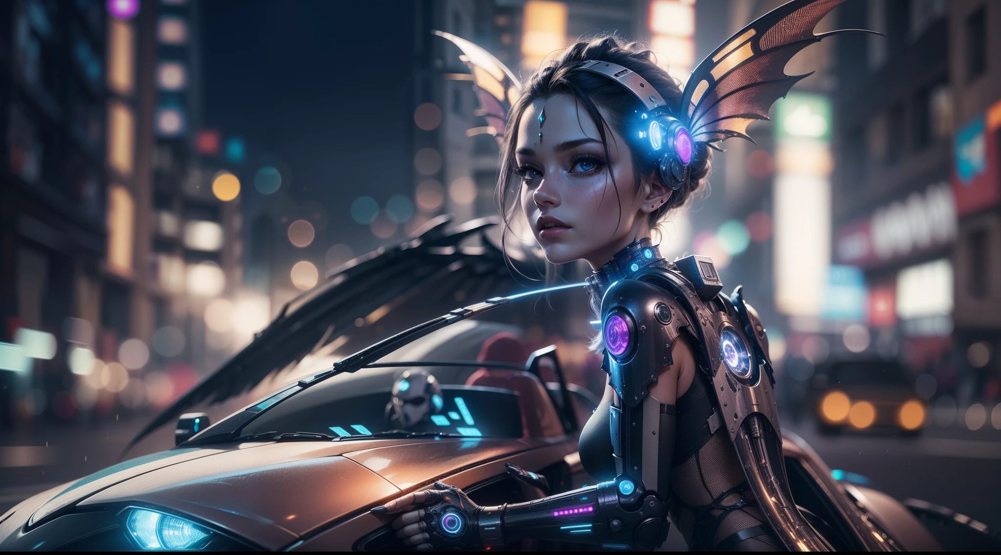 beautyful cyberpunk faery with wings of steel ultradetailed cyborg body in a night city siting on a futuristic Car locking at the viewer, Beautyfull Face, Steel wings with iluminations, Lens Flares,  4k Ultra Resolution , Bokee, Hyper real Reflections
