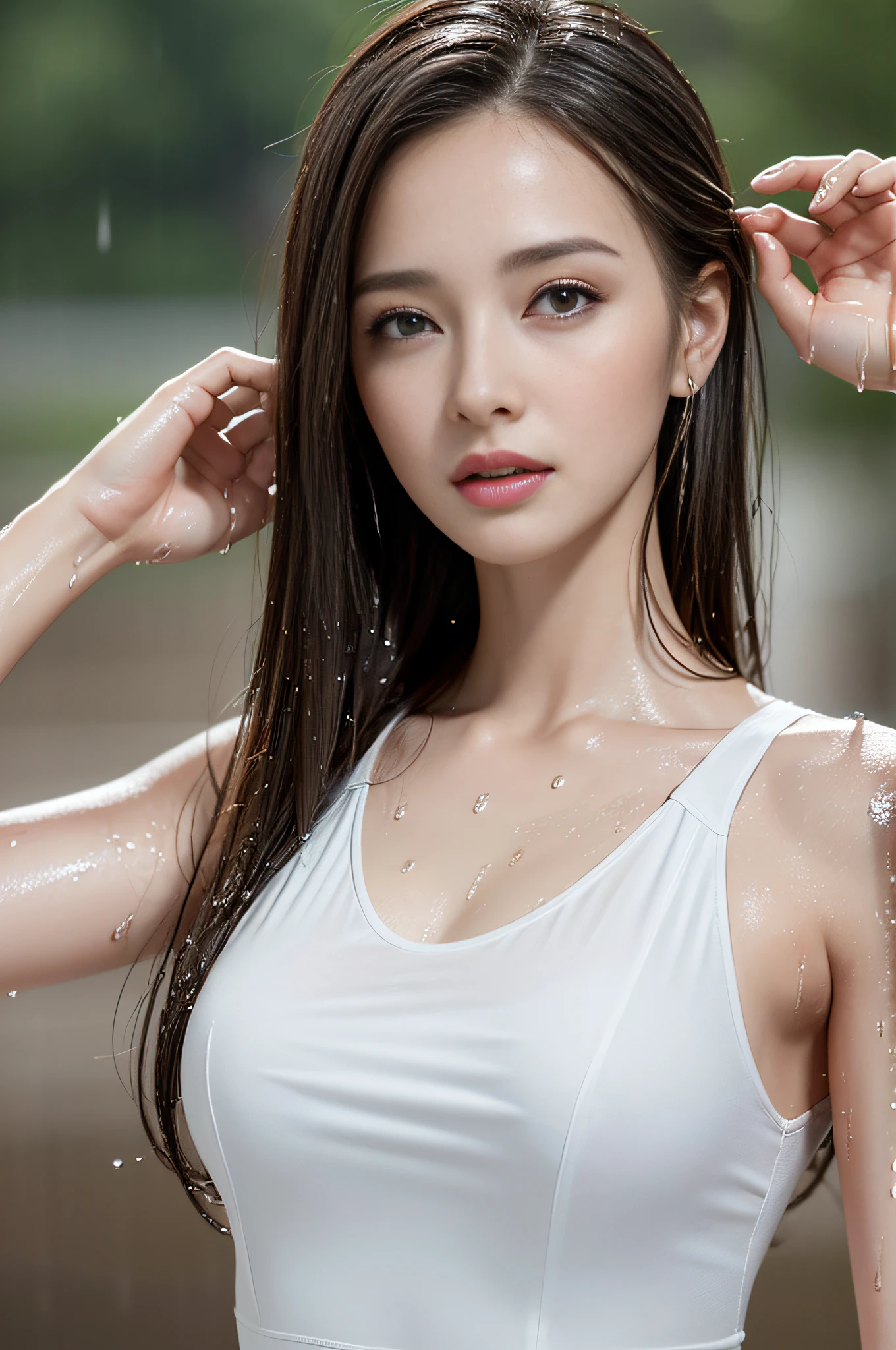 (Best quality, 4k, Masterpiece :1.3), pretty woman, 1girl, sexy :1.1, dark brown hair: 1.1, (rainy wet, wet from rain, wet body :1.2), white tank tops, ultra-detailed face, detailed lips, detailed eyes, double eyelid