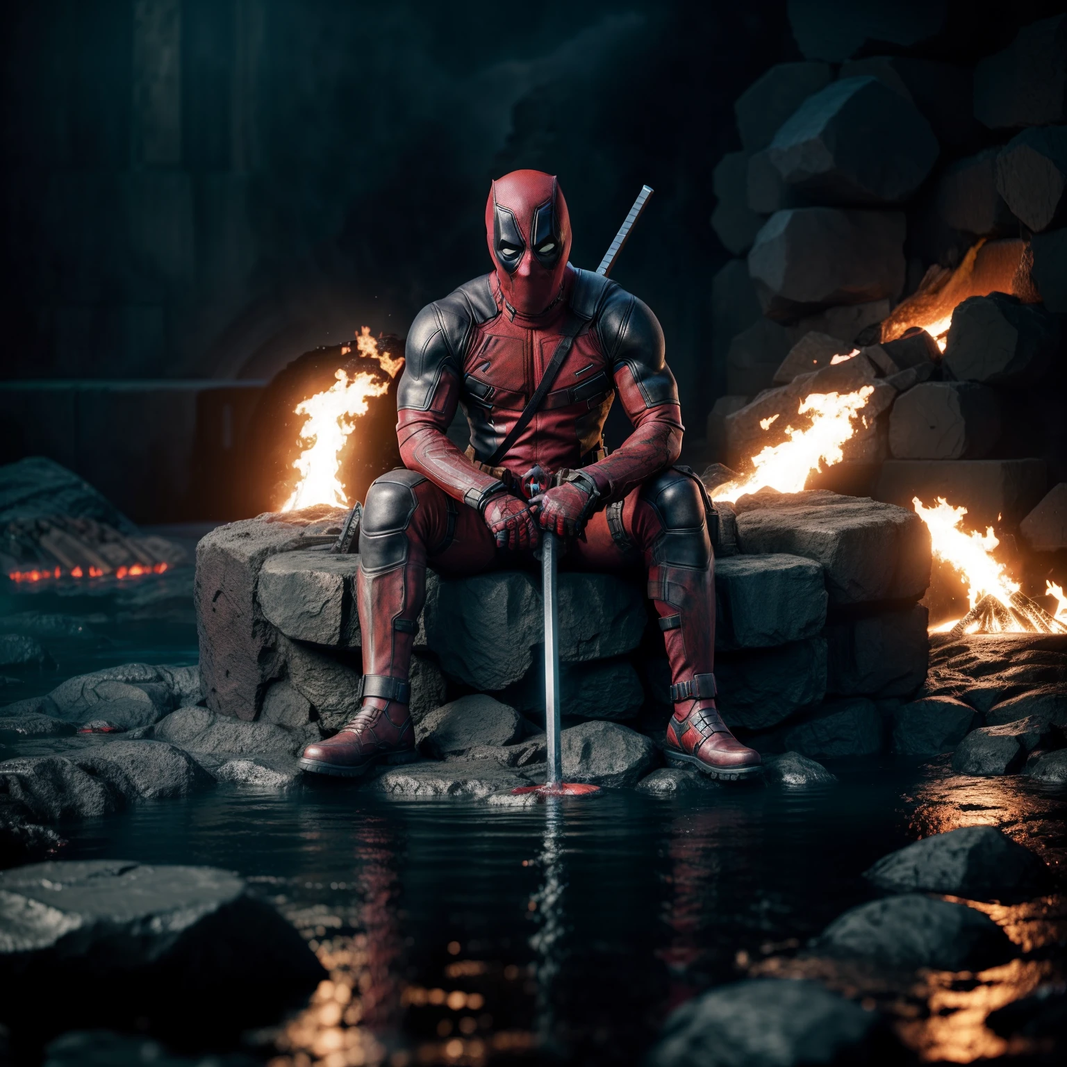 Deadpool sitting in lava pool,black background, photorealistic, 12 k resolution, boleh,cinematic, dark fantasy,  black costume,guns and swords ,fate/stay background,muscular body,large muscles,torn clothes,blood,bleeding