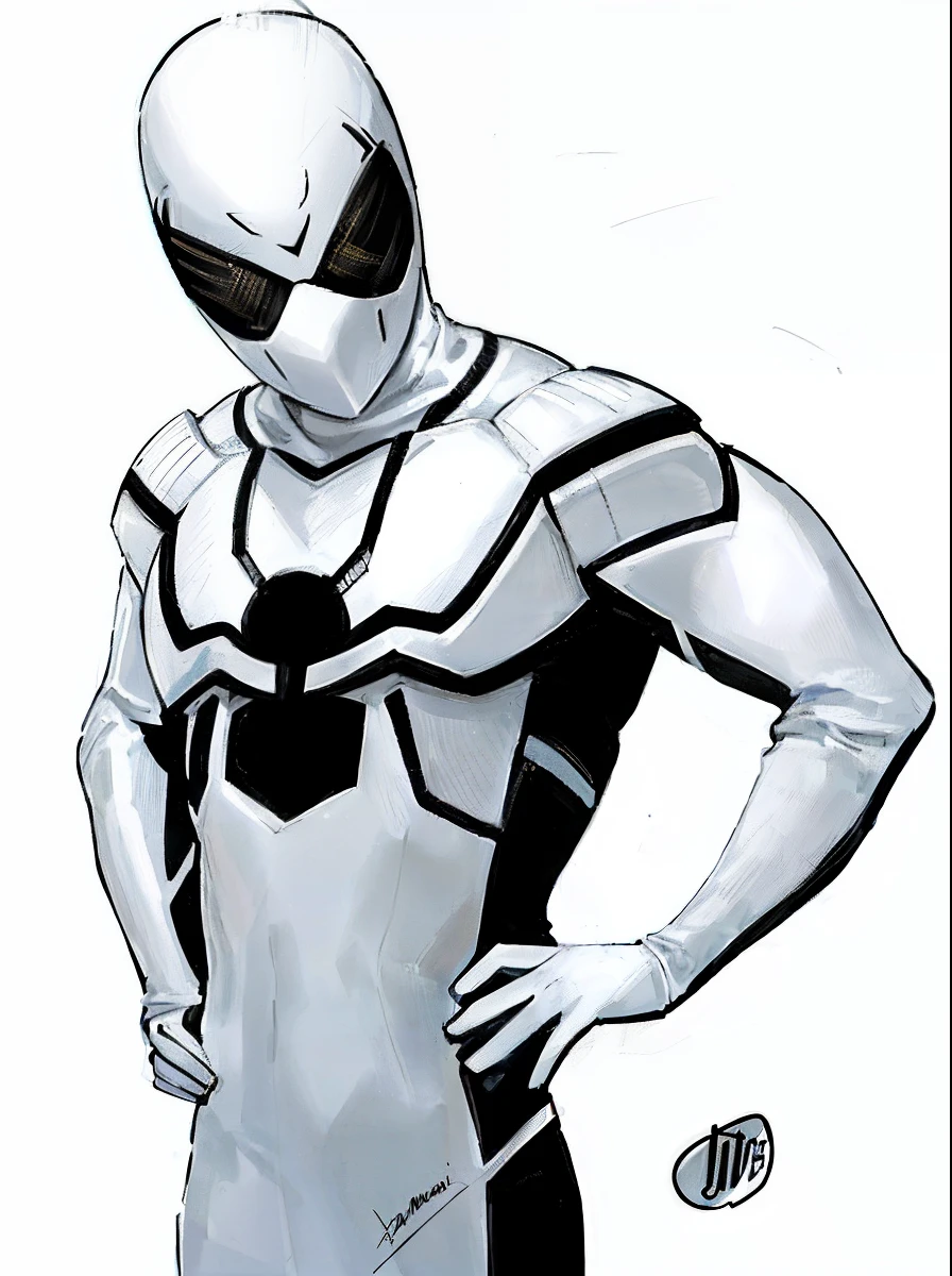 A close-up of a person in a white suit with a black and white spider - male, Armadura de color blanco mate, Spiderman de estilo futurista, Armadura blanca brillante, inspirado por John Romita Jr, streamlined white armor, Simbionte, Spider Zero, Elegante armadura blanca, Elegant streamlined white armor, inspirado por Chip Zdarsky, Caballero Luna, Hombre de hierro superior blanco