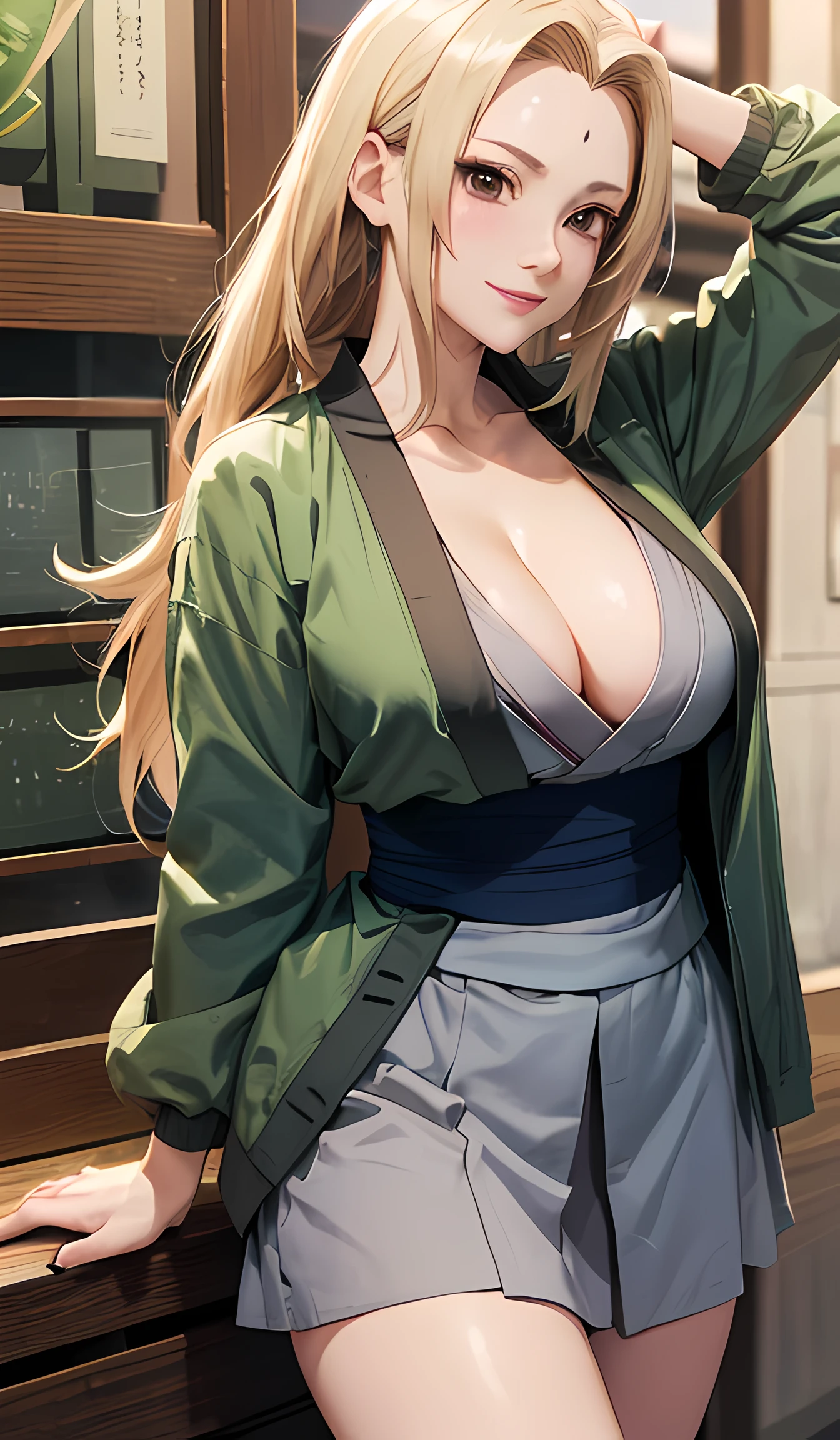 T5un4D3, marks,Tsunade, ((Gray kimono,Gray skirt、 Dark blue sash, The jacket is a green jacket))、8K, 1girl in, 独奏,cleavage of the breast,(​masterpiece:1.4),(Top image quality:1.4),(glowy skin),Tsunade_senju、A smile、Big thighs、Big ass, cherry blossoms