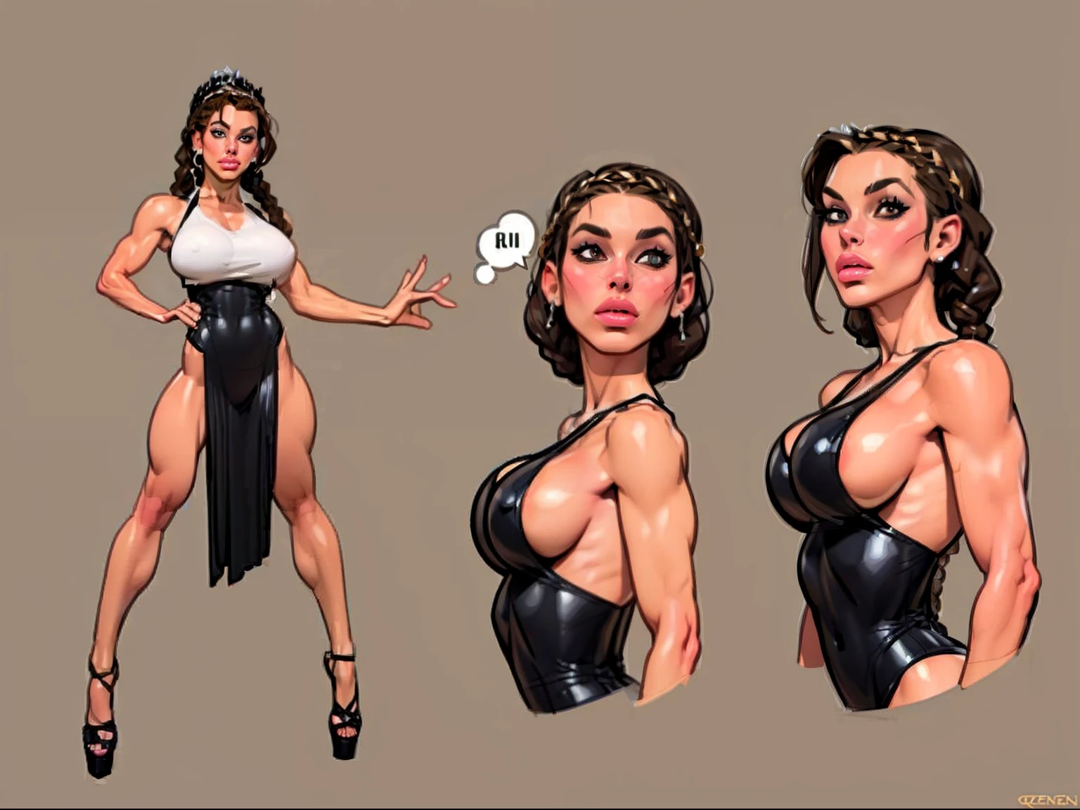 ((masterpiece)),(((best quality))),((character design sheet)), illustration,1woman, environment Scene change, (long braided hair:1.4),((Queen:1.5)), muscular, black legs, thick legs, (pale skin:1.3)scribbles and marks, light white dress, ((detailed face:1.1)), rough sketches, (puffy lips:1.5), pose too, ((brunette hair:1.2)), (queen warrior:1.3) , 8k,16k, (simple background, light background: 1.3)