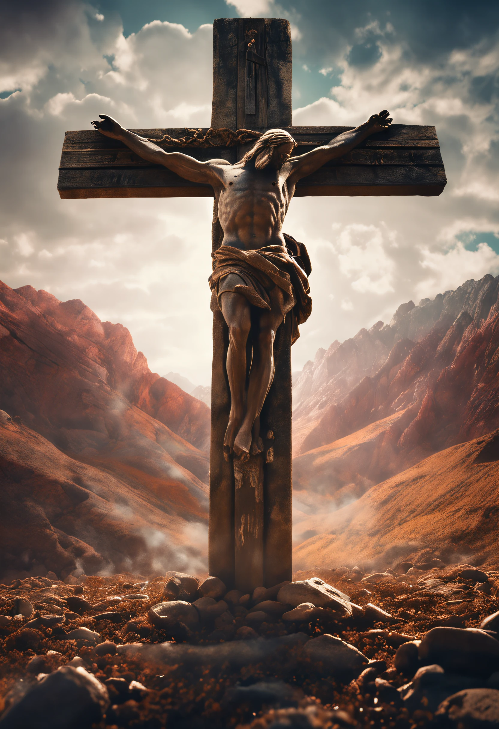 Imagine a moving scene where Jesus is on the cross, and a gentle rain begins to fall, symbolizing God's blessing and forgiveness of your sins.