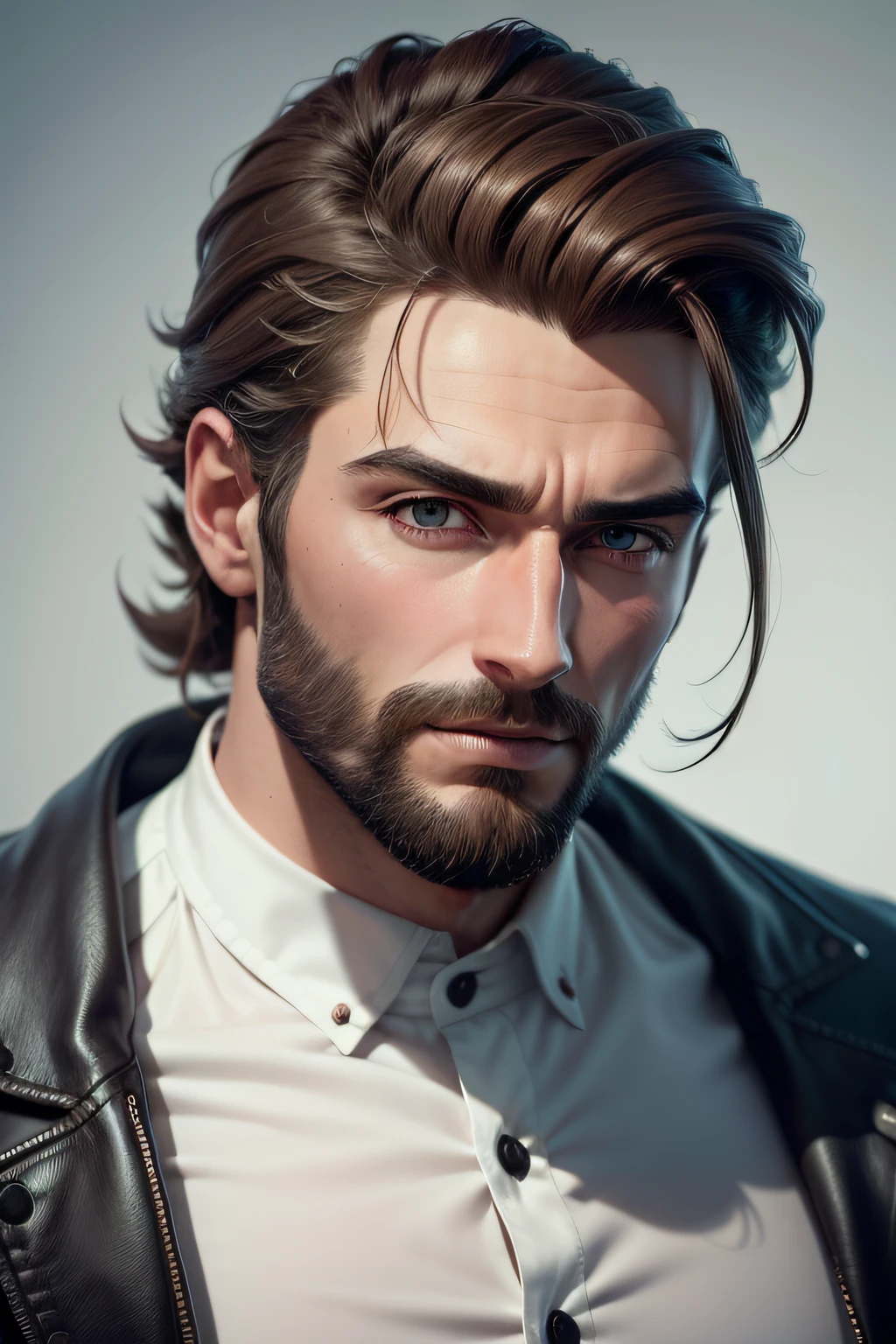 um close up de um homem com barba, cabelos longos escuros e jaqueta de couro, cinematic realistic portrait, 8k portrait render, estilo de arte fotorrealista, estilo hiper realista, artstation mans aesthetic, foto retrato suave 8 k, bonito rosto detalhado, Personagem altamente detalhado, bonito realista, Personagem 3d realista, 3 d render arte do caractere 8 k, simple male characteristics