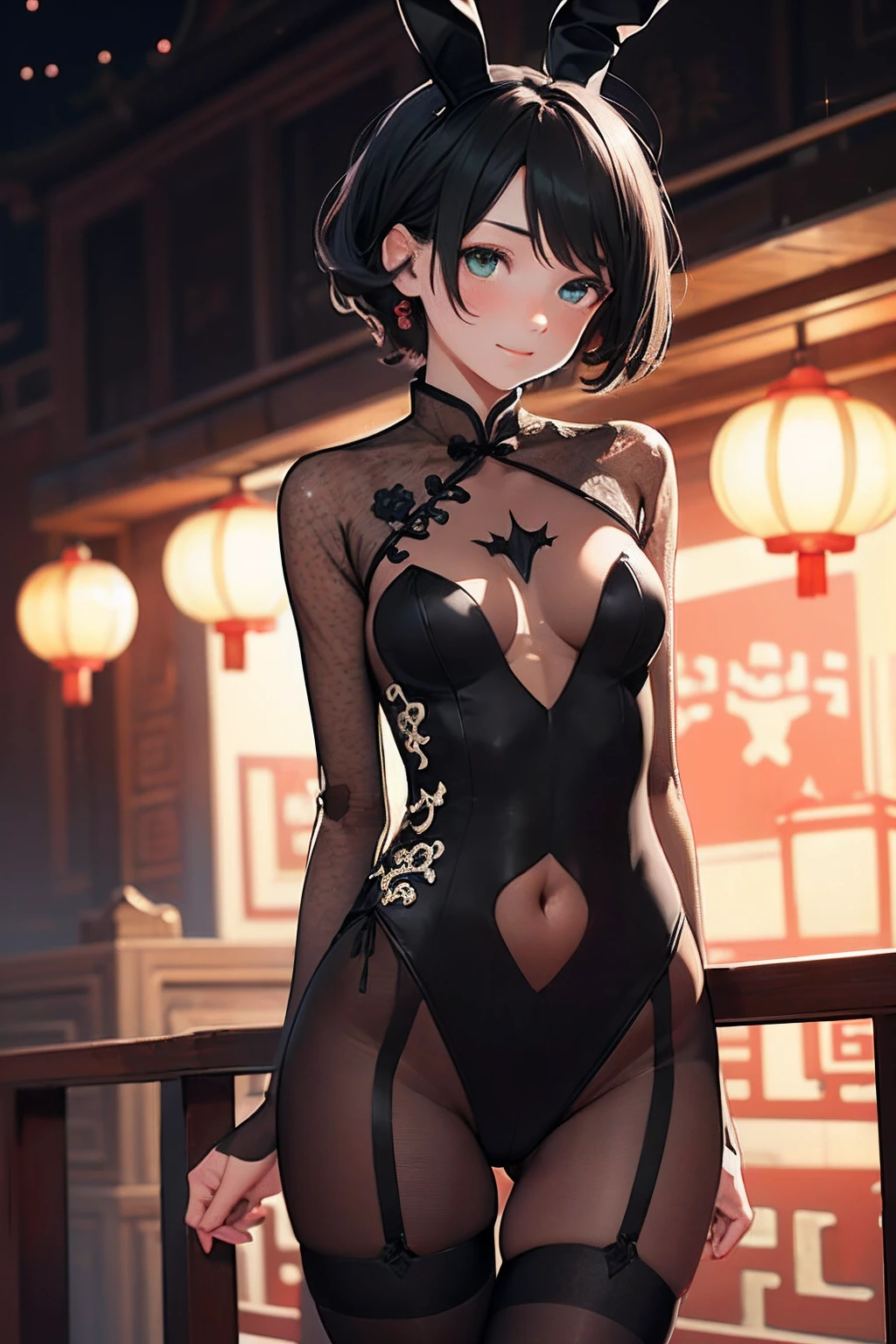 ((masterpiece,best quality)), highres, extremely detailed 8K wallpaper, depth_of_field, best shadow, (Colorful),(Delicate eyes and face), nice hand, Perfect hands, (no lighting), Ray tracing, BREAK
(1girl in), mogami \(kancolle\), black hair, short hair, black eyes / green eyes, swept bangs, small breasts, slender, skinny, smile, (full-face blush), BREAK,
((detailed black ((see-through)) china dress and gothic_bunny leotard:1.5)), (black stockings:1.2), sexy, BREAK,
(cowboy shot:1.2), knee, stomach focus, ((chinese bar)), night time, (dark backgrounds:1.4),