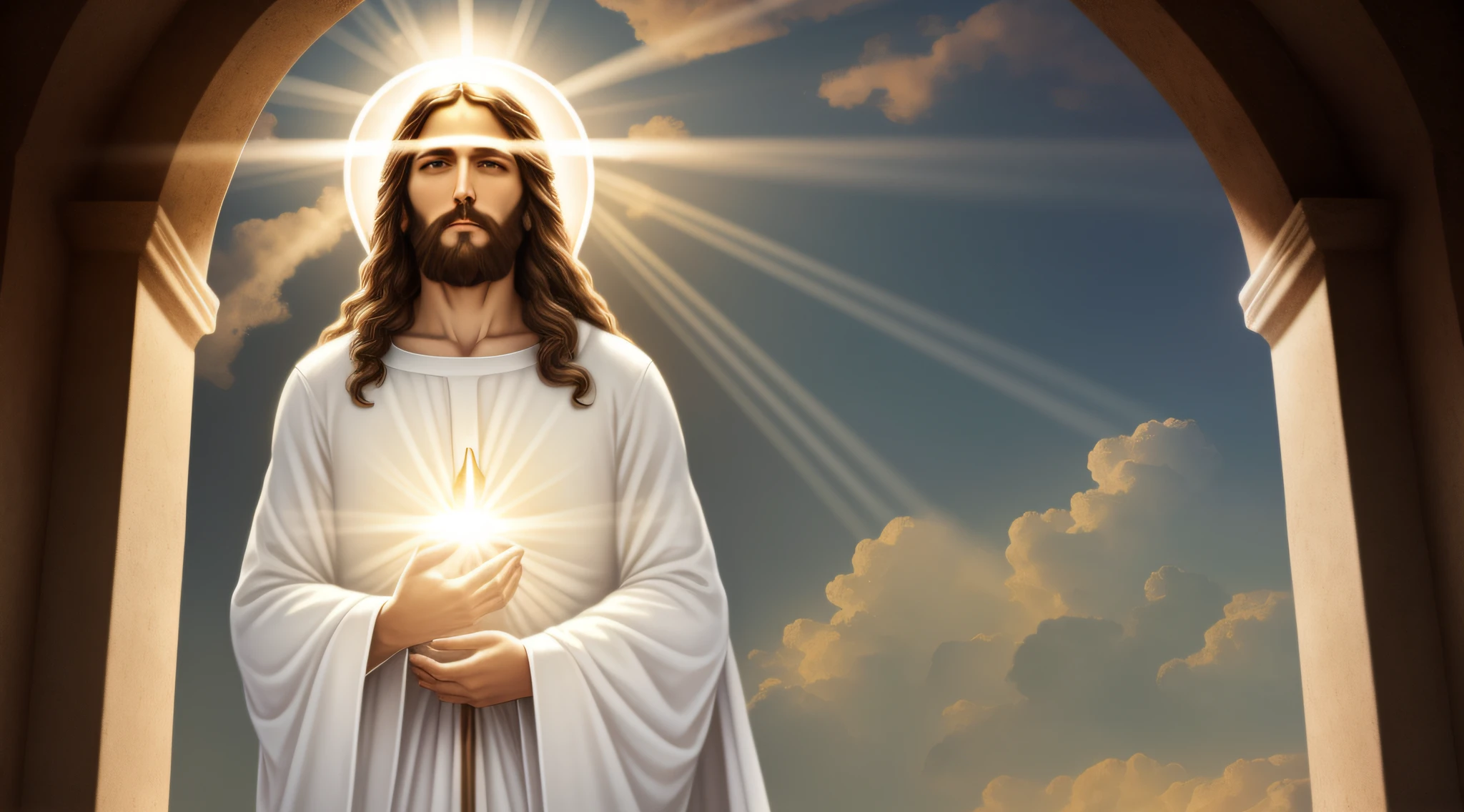 Jesus Christ in humble white clothes in the clouds toward the gates of heaven, insanely realistic with rays of light on his face