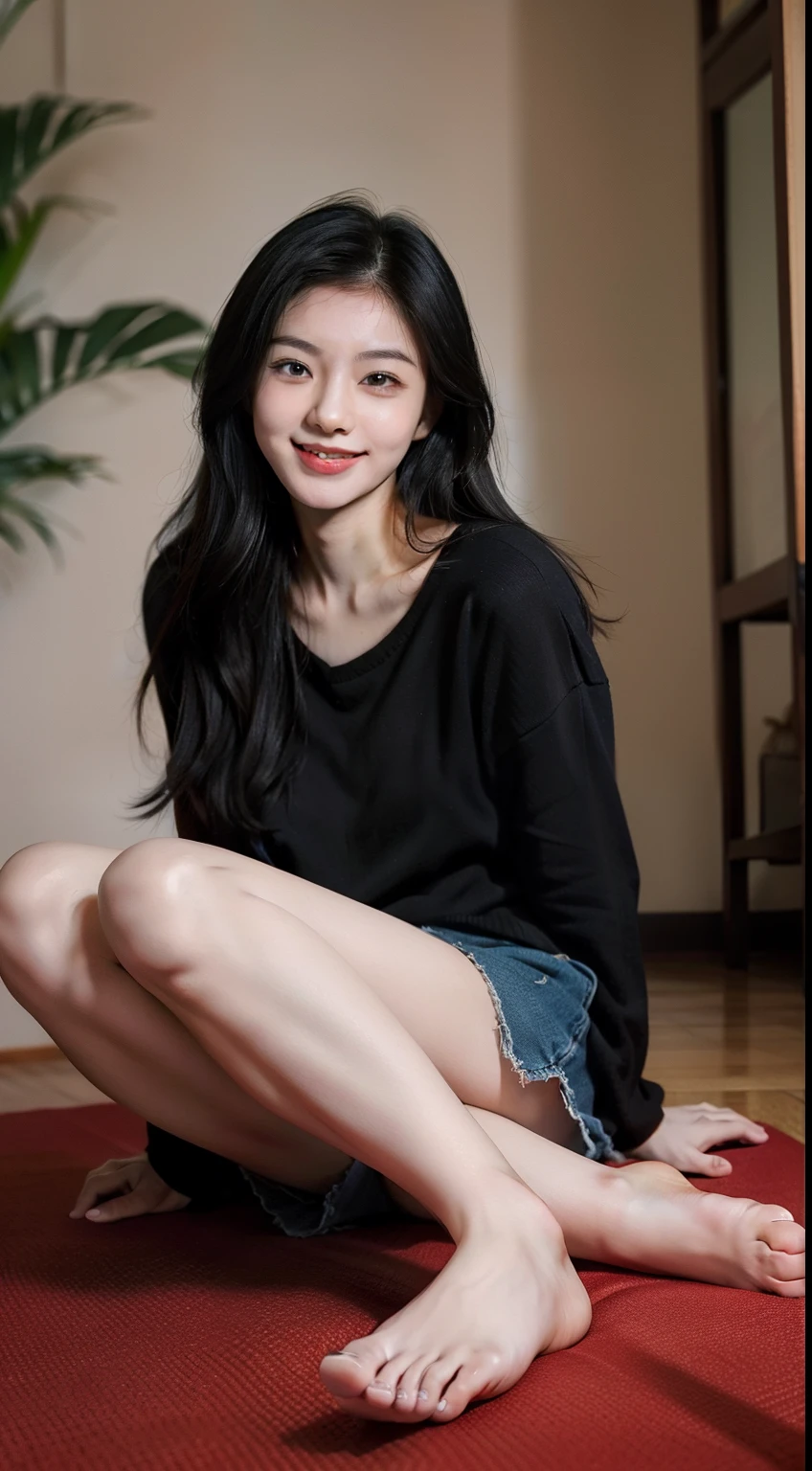 Asian, Female, cute, extremely pale skin, portrait, black hair, long hair, photorealistic, young adult, smiling, feet, feet focus, indoors, anatomically correct