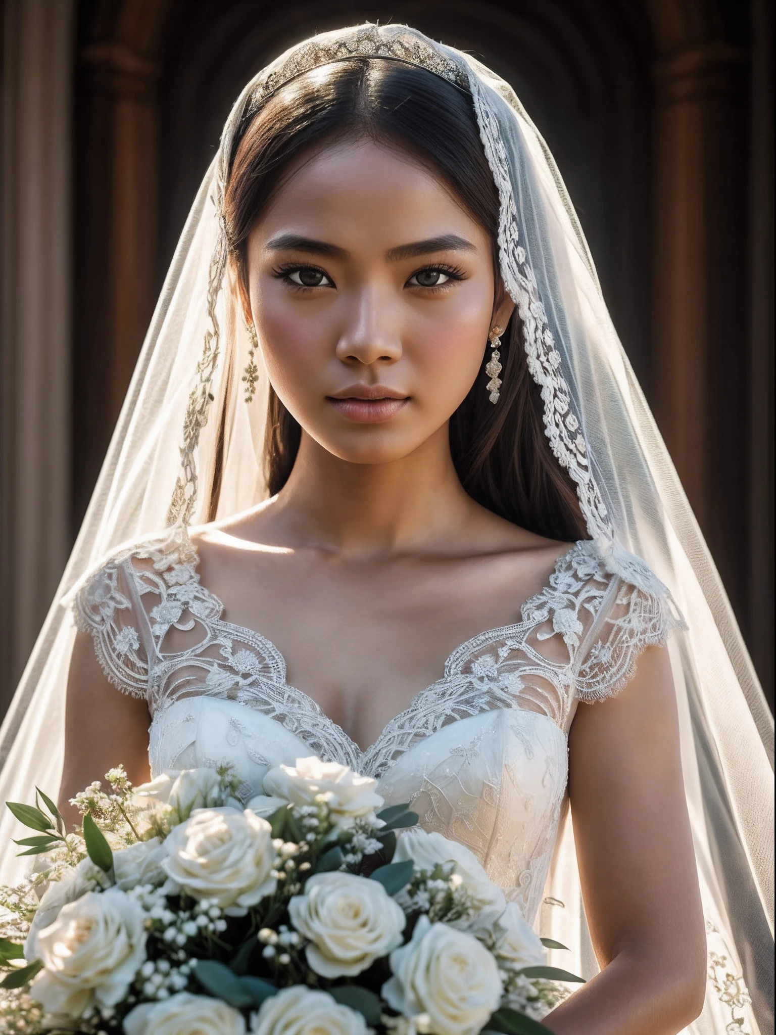 Masterpiece, highest quality, solo focus, complex (High detail: 1.1) (Perfect face: 1.1) white wedding dress, pretty Indonesia woman, Indonesian girl, lace, veil, fantasy, white flowers on head, bouquet in hand, Lee Jeff, a shining eye of Viking origin Leeds Nikon D850 Film Stock Photo 4 | Kodak Portra 400 Camera F1.6 Lens Rich colors Ultra realistic Realistic textures Dramatic lighting Unreal Engine Trending at Art Station CineStill 800, Realistic Human Photography