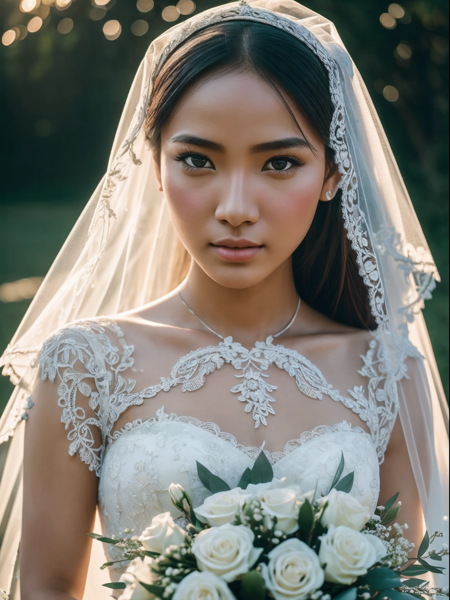 Masterpiece, highest quality, solo focus, complex (High detail: 1.1) (Perfect face: 1.1) white wedding dress, pretty Indonesia woman, Indonesian girl, lace, veil, fantasy, white flowers on head, bouquet in hand, Lee Jeff, a shining eye of Viking origin Leeds Nikon D850 Film Stock Photo 4 | Kodak Portra 400 Camera F1.6 Lens Rich colors Ultra realistic Realistic textures Dramatic lighting Unreal Engine Trending at Art Station CineStill 800, Realistic Human Photography