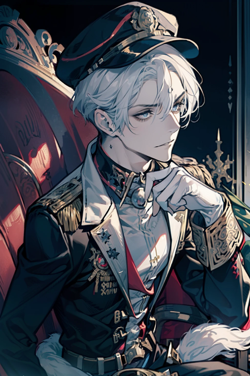 1 man, kurzes schwarzes haar, rote pupillen, gut aussehend, ohrringe, schmuck, Sits on a great throne, blasse haut, narbe im gesicht, Black high-level military uniform with gold and silver accessory, Peaked cap, royal, herrscher, Dark Amtosphere, erhabener blick, selbstbewusst, gekreuzte beine, elegant, full entire body, ultra details, viele details, hight resolution, perfekte proportionen, scharfer blick, seidenes haar, thronsaal, marmor, elegante pose, Beautiful eyes,