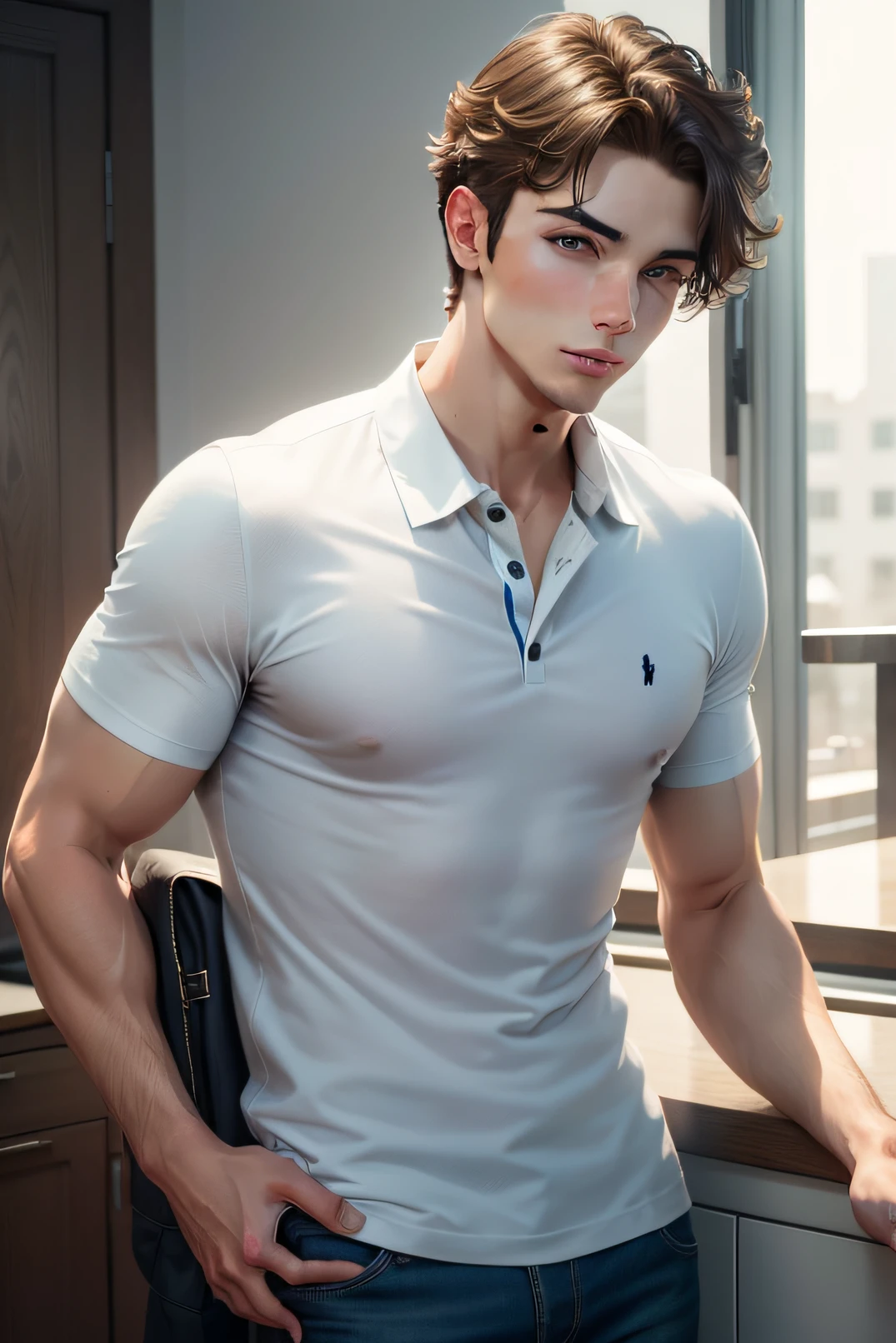 Handsome, , mestizo, best picture quality, higher quality, high detail, ultra-high resolution, 8k resolution, delicate facial features, boy, muscles, glowing eyes, short hair, hair details, legs apart [[look away, look to the side , Topless, ((((crotch bulge))))), real men, real human, jeans, sit down, skinny, open shirt, abs, sixpack, realistic