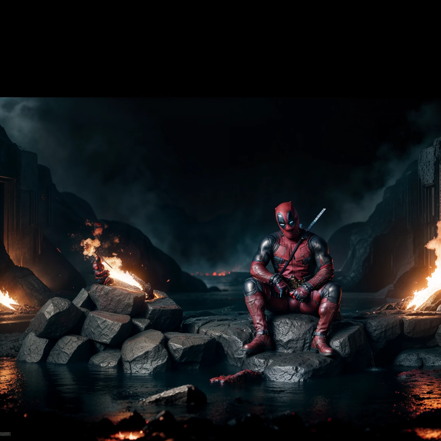 Deadpool sitting in lava pool,black background, photorealistic, 12 k resolution, bokeh,cinematic, dark fantasy,  black costume,guns and swords ,fate/stay background,muscular body,large muscles,torn clothes,blood,bleeding