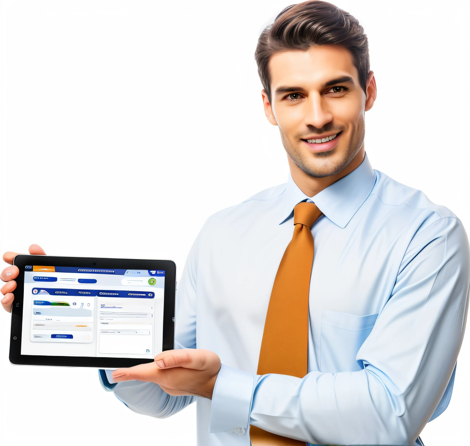 Homem de camisa azul e gravata laranja segurando um tablet, Ad image, Advanced technology, imagem profissional, captura de tela detalhada, Registro, dispositivo completo, Aprimorado digitalmente, profissional, good proportions, online, premiados, iniciante, foto - shot, branco bg, title, imagem ampla, miniatura, information, Imagem incrivelmente composta, cliente, laptop
