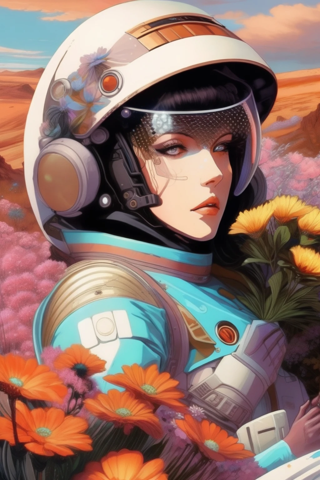 (Vintage 2000's anime style). Beautiful Portrait Of Female Astronaut in outfit On Mars lying among flowers, flower diadema, hugging friends,damaged suit, dameged mask, cracked glass, scratche screen,damned lands,yule heaven, forgotten person,8k resoultion, cinematic style digital art render with mechanical and futuristic details, Sci-Fi,; by kaethe butcher, hajime sorayama, greg tocchini, virgil finlay, sci-fi, post-apocaliptic