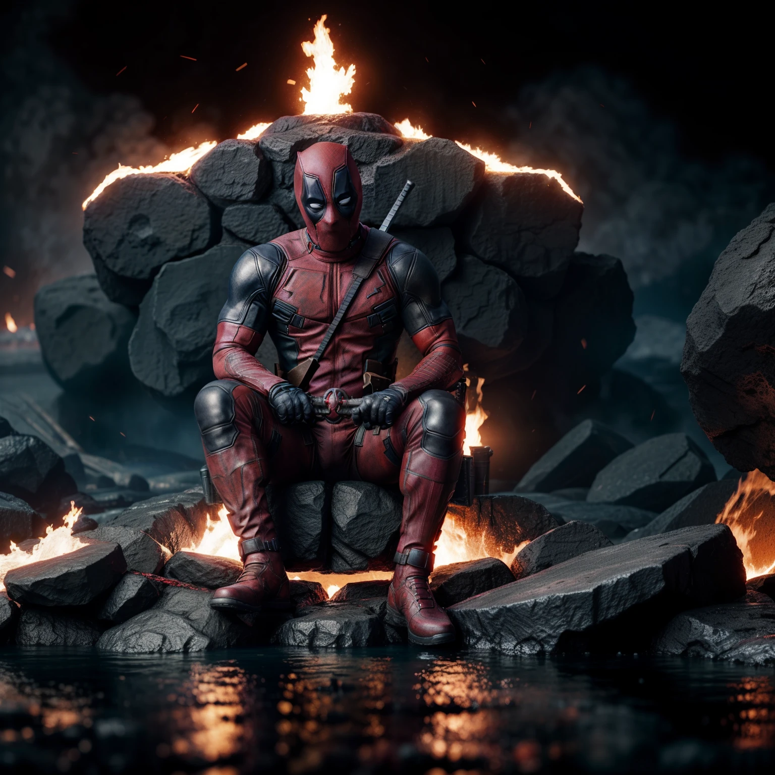 Deadpool sitting in lava pool,black background, photorealistic, 12 k resolution, boleh,cinematic, dark fantasy,  black costume,guns and swords ,fate/stay background,muscular body,large muscles,torn clothes,blood,bleeding