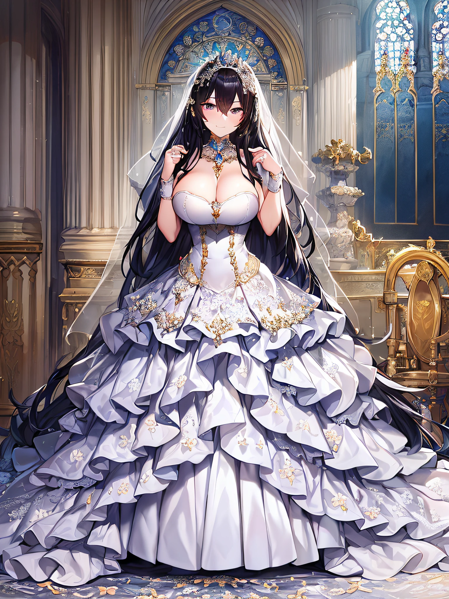 ((anime artstyle)),Masterpiece,Best Quality,Super Detail,Very Delicate and Beautiful,Solo,((full body)),((1 arrogant queen wearing beautiful embroidery gorgeous stately white wedding dress with voluminous crinoline hoop skirt)),(gigantic tits,skindentation),jewel-like eyes,((((arrogant,haughty)))),dominant pose,(haughty smile),Sharp eyes,Purple eyes,((Bangs between eyes,voluminous straight hair,extremely Long straight Hair)),black hair,gorgeous embroidery and lace,enormous puffed sleeves,luxury hair ornament,extremely gorgeousfull jeweled tiara,long train,bling-bling gorgeous gemstone jewelry,long wedding veil,detailed face and eyes,full body,standing in the sacred cathedral,((beautiful embroidery gorgeous stately white wedding dress with voluminous crinoline hoop skirt))