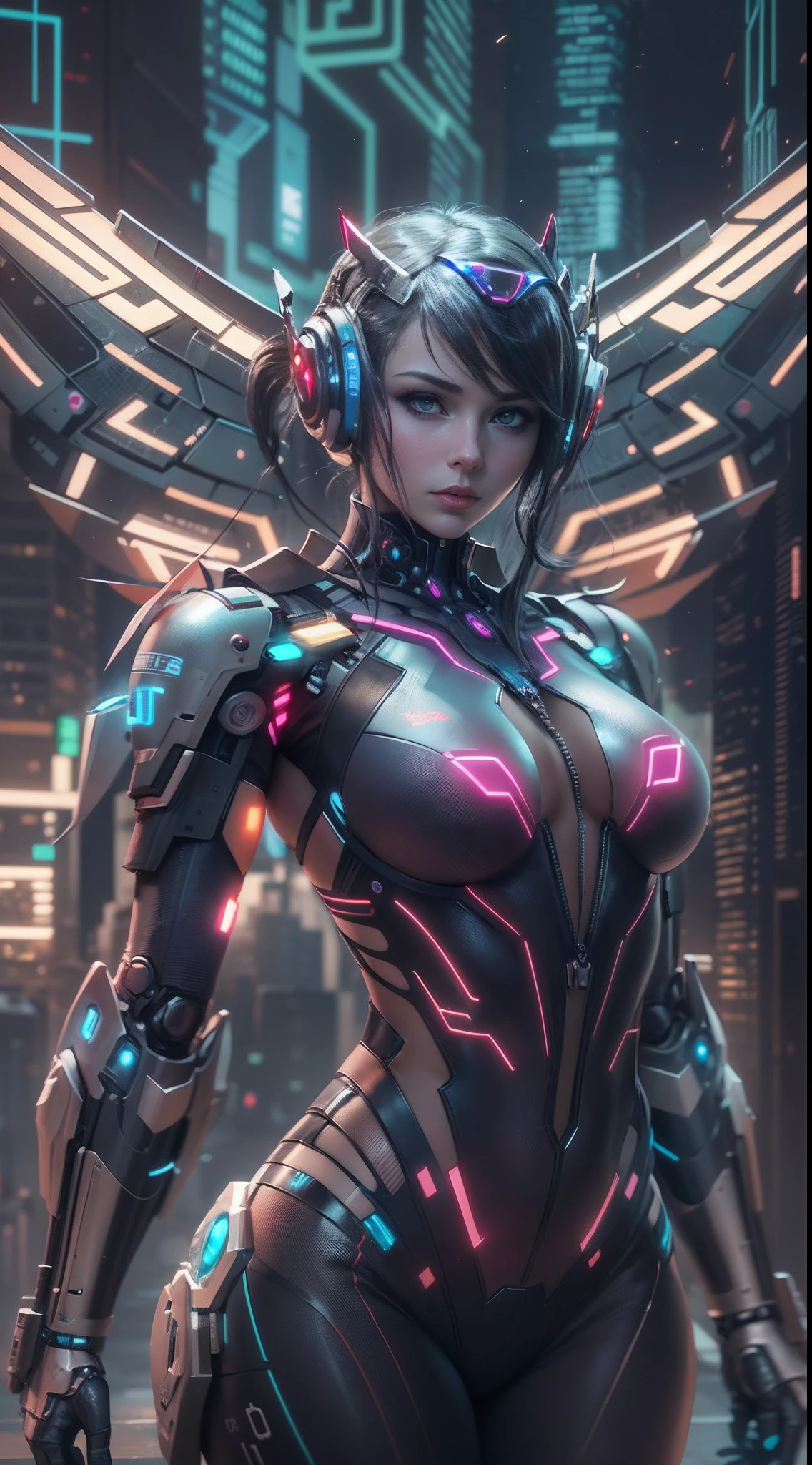 ((Best quality)), ((masterpiece)), (highly detailed:1.3), 3D, beautiful (cyberpunk:1.3) hacker woman with thick voluminous hair operating a computer terminal