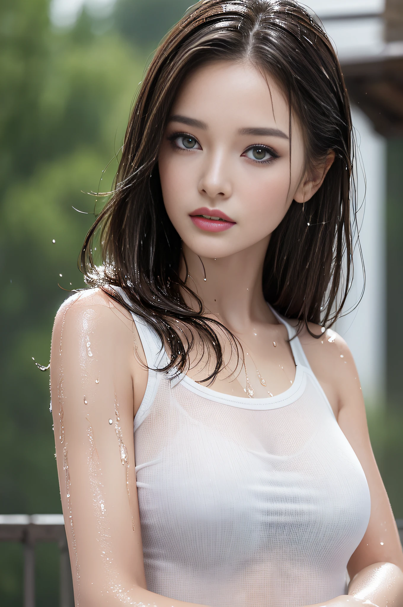 ((Best quality, 8k, Masterpiece: 1.3)), Sharp focus: 1.2, A beautiful woman with perfect body: 1.4, Slim abdomen: 1.2, ((Tanned body, Large breasts: 1.2)), (no bra) (Small and beautiful hard nipple) (Thin and damp button up to shirt length: 1.1), (White shirt wet by rain), (Rain, Street: 1.2), Wet body: 1.1, Highly detailed face and skin texture,  Detailed eyes, Double eyelid, tanned skin, sexy, tan, dark skin, tanned body, exposed shoulders, cleavage, darkened skin, tanned skin, tanned body, russian face, russian, russian girl, beautiful, beautiful Russian girl, beautiful Russian face