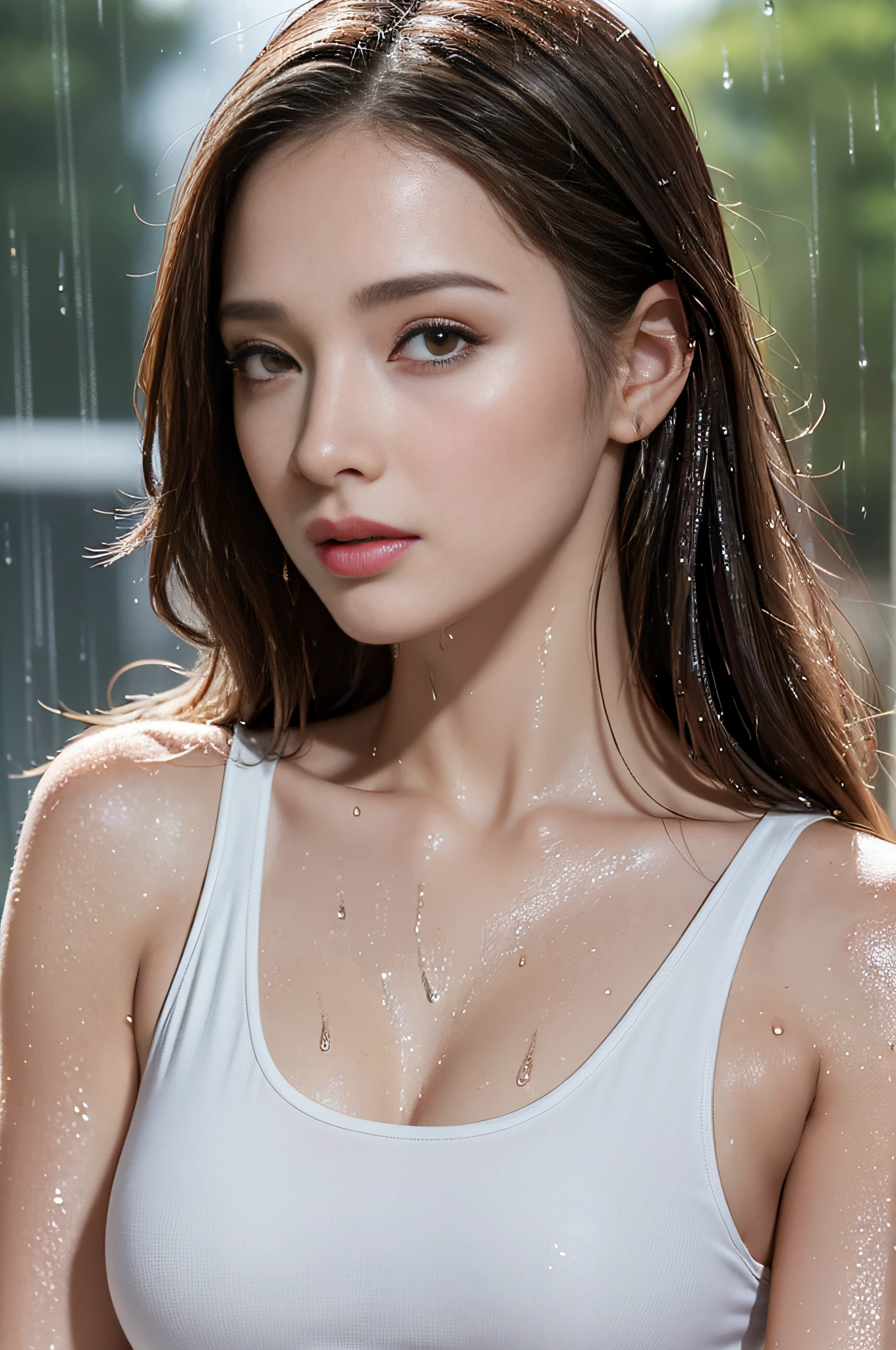(Best quality, 4k, Masterpiece :1.3), pretty woman, 1girl, sexy :1.1, dark brown hair: 1.1, (rainy wet, wet from rain, wet body :1.2), white tank tops, ultra-detailed face, detailed lips, detailed eyes, double eyelid
