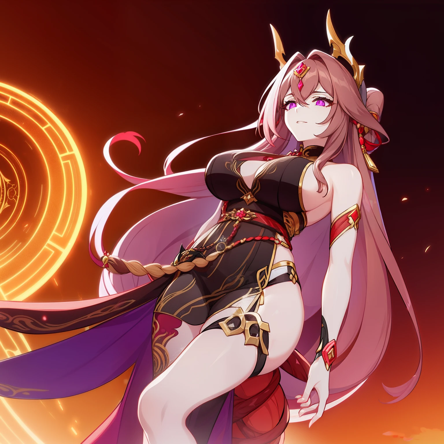 Woman, messy light brown long hair with a purple tint, dragon horns and tail, white and black Chinese dress with tight-fitting elements on her arms and legs, gold divine light, God's gaze, a sun circle, indifferent and cold gaze, light lipstick, light eyes