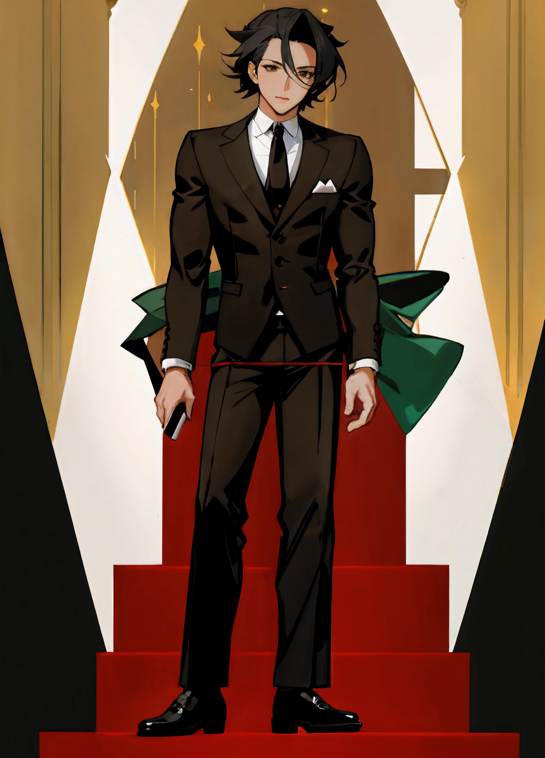 Personaje de anime vestido con traje y corbata con corbata, !!Retrato de cuerpo entero!!, single character full body, Cuerpo completo con disfraz, cuerpo completo!, Imagen de cuerpo entero, con un traje noble negro,, Retrato de cuerpo entero, Alejado del cuerpo completo, full body single character, Retrato de cuerpo entero de un corto!, redibujo