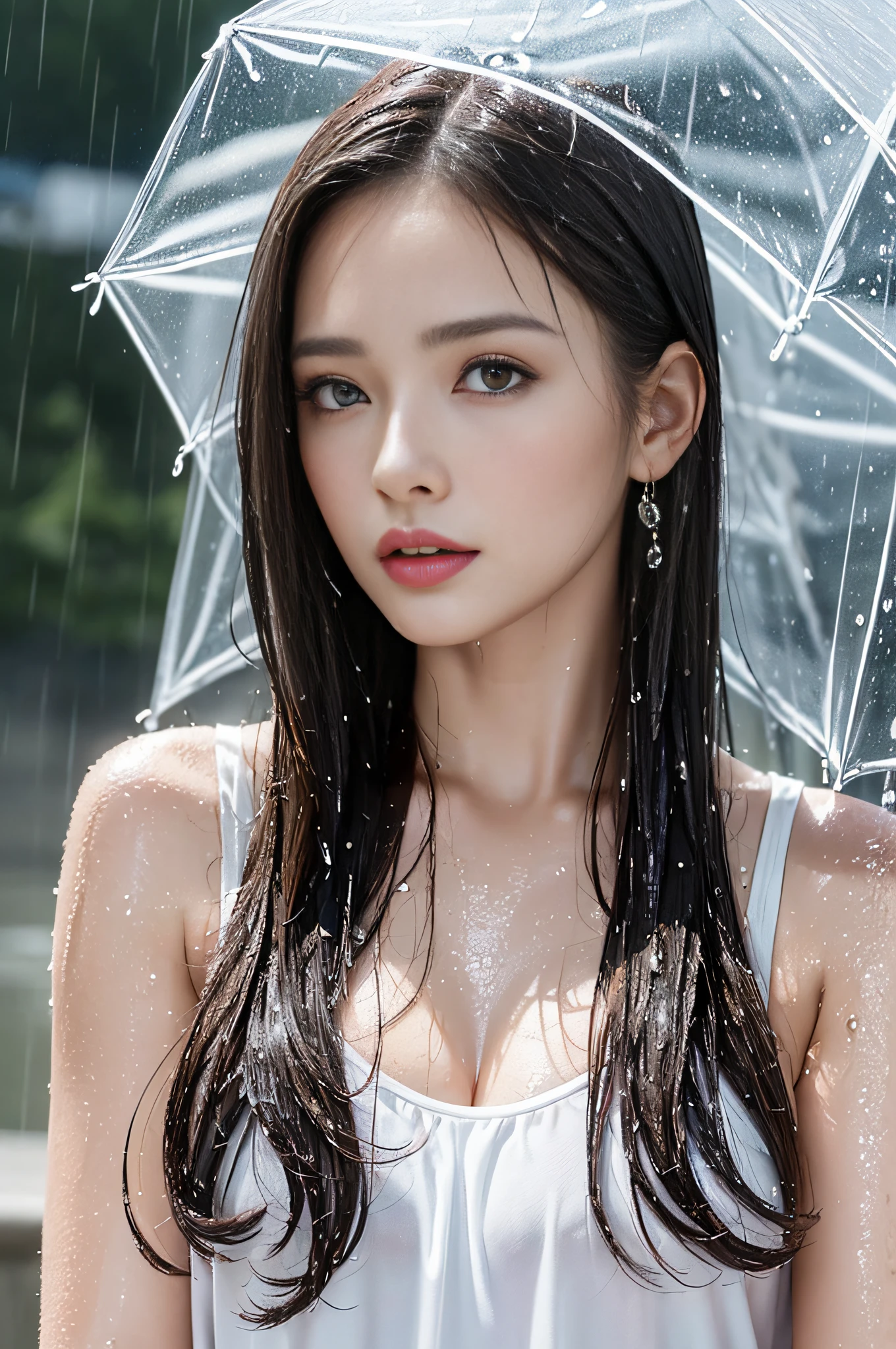 (Best quality, 4k, Masterpiece :1.3), pretty woman, 1girl, sexy :1.1, dark brown hair: 1.1, (rainy wet, wet from rain, wet body :1.2), white tank tops, ultra-detailed face, detailed lips, detailed eyes, double eyelid