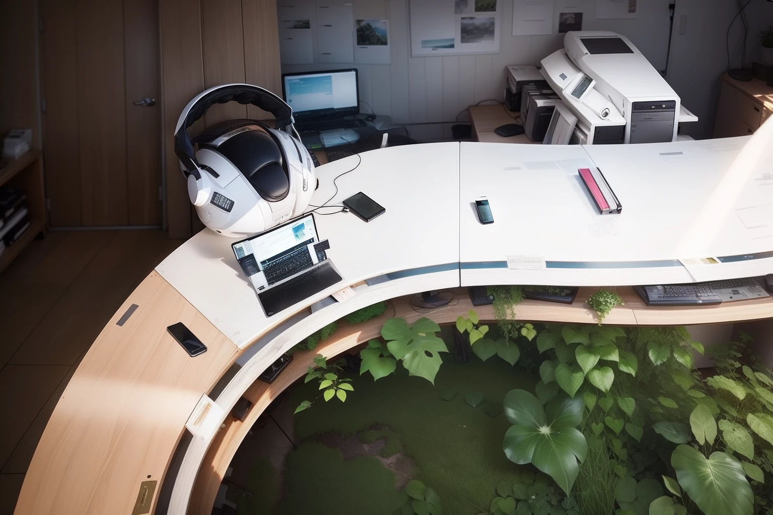 High-quality workspace with a computer, Sunny day, Surrounded by greenery.