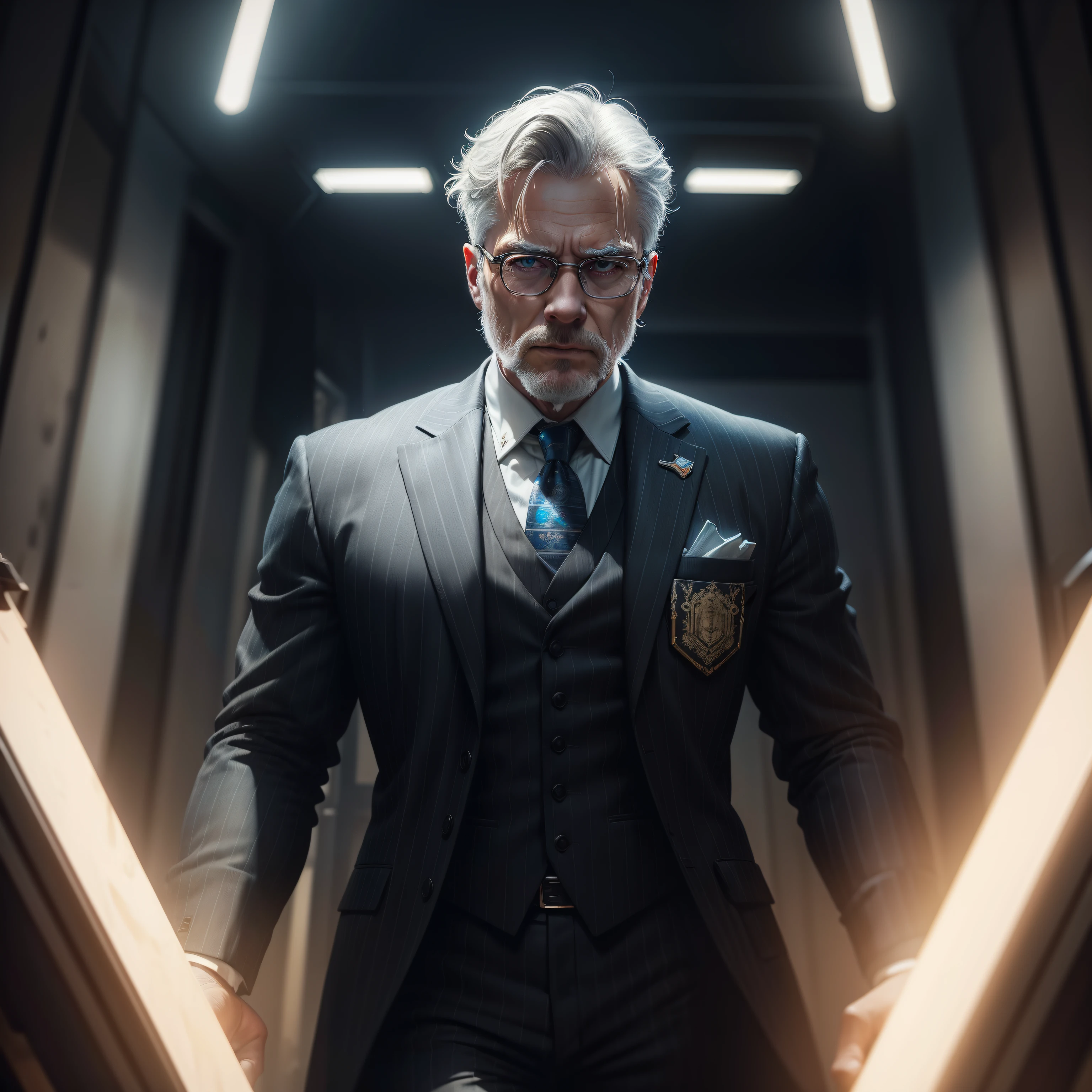 60-year-old white male in a pinstripe business suit, glamour, gray hair, short hair, upper body, full American flag in the background, hyperdetailed painting, luminism, 8k resolution, fractal isometrics details bioluminescence, 3d render, octane render, intricately detailed, cinematic, trending on artstation Isometric Centered hypereallistic cover photo awesome full color, hand drawn, gritty, realistic mucha, intricate, high definition, cinematic, masterpiece, dynamic contrast