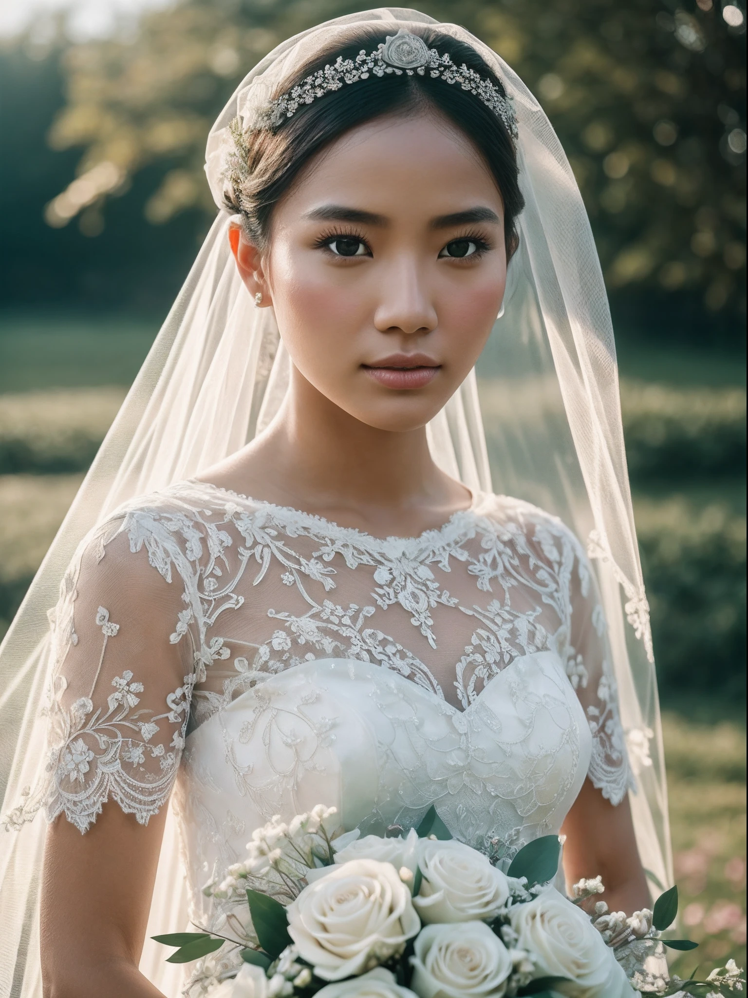 Masterpiece, highest quality, solo focus, complex (High detail: 1.1) (Perfect face: 1.1) white wedding dress, pretty Indonesia woman, white skin, Indonesian girl, lace, veil, fantasy, white flowers on head, bouquet in hand, Lee Jeff, a shining eye of Viking origin Leeds Nikon D850 Film Stock Photo 4 | Kodak Portra 400 Camera F1.6 Lens Rich colors Ultra realistic Realistic textures Dramatic lighting Unreal Engine Trending at Art Station CineStill 800, Realistic Human Photography