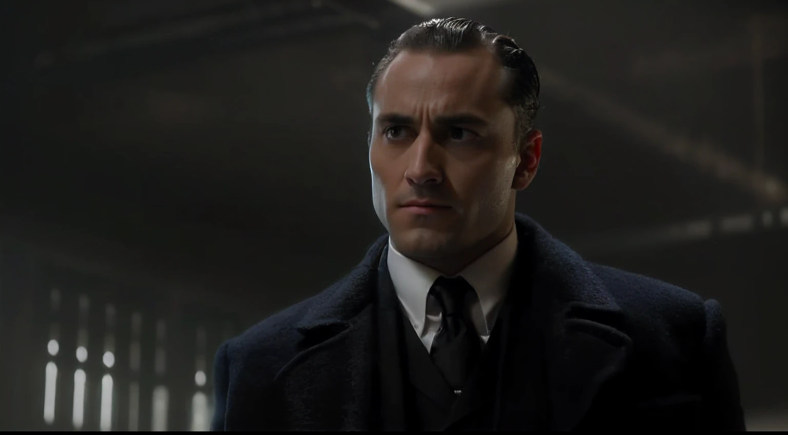 arafed man in a suit and tie standing in a dark room, hannibal, gotham, he's very menacing and evil, looking to his side, inspired by Max Magnus Norman, jack, in batman, from movie batman, very handsome, inspired by Herbert Abrams, similar to malfoy, smug look, full scene shot, he has a devastated expression