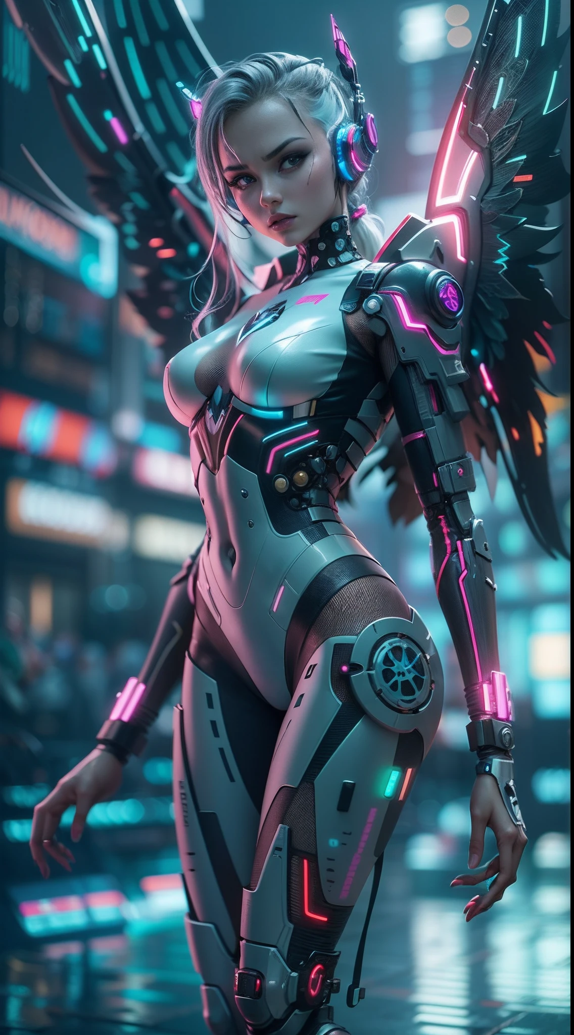 16k, masterpiece,(best quality),highly-detailed,ultra-detailed,1girl, big breast, breast window,(mechanical wings),(cyberpunkcity:1.5),(fantasylandscape:1.2, natural lighting:1.5, confident expression),(panorama:1.2), archer pose, mecha, smile, angle,Angels, wings, gold,raw