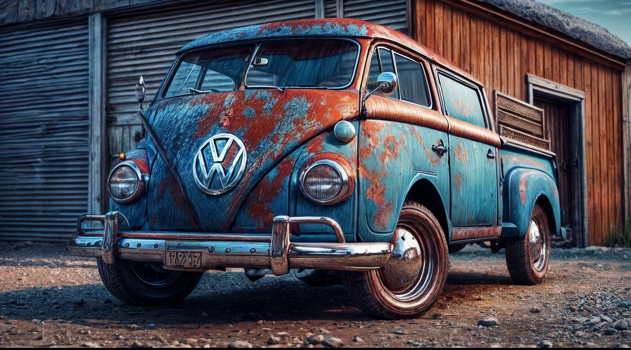 An intricate image of an old blue volkswagen pickup truck is parked by the garage, in the style of clean and streamlined, staining, i can't believe how beautiful this is, smooth and polished, gray and amber, rounded, expansive --ar 3:2 --style raw , micro-details, photorealism, one light, dark photo, deep shadows, shallow depth of field, photorealistic, Surrealism, high quality, masterpiece, 8k, 8k, super detail,