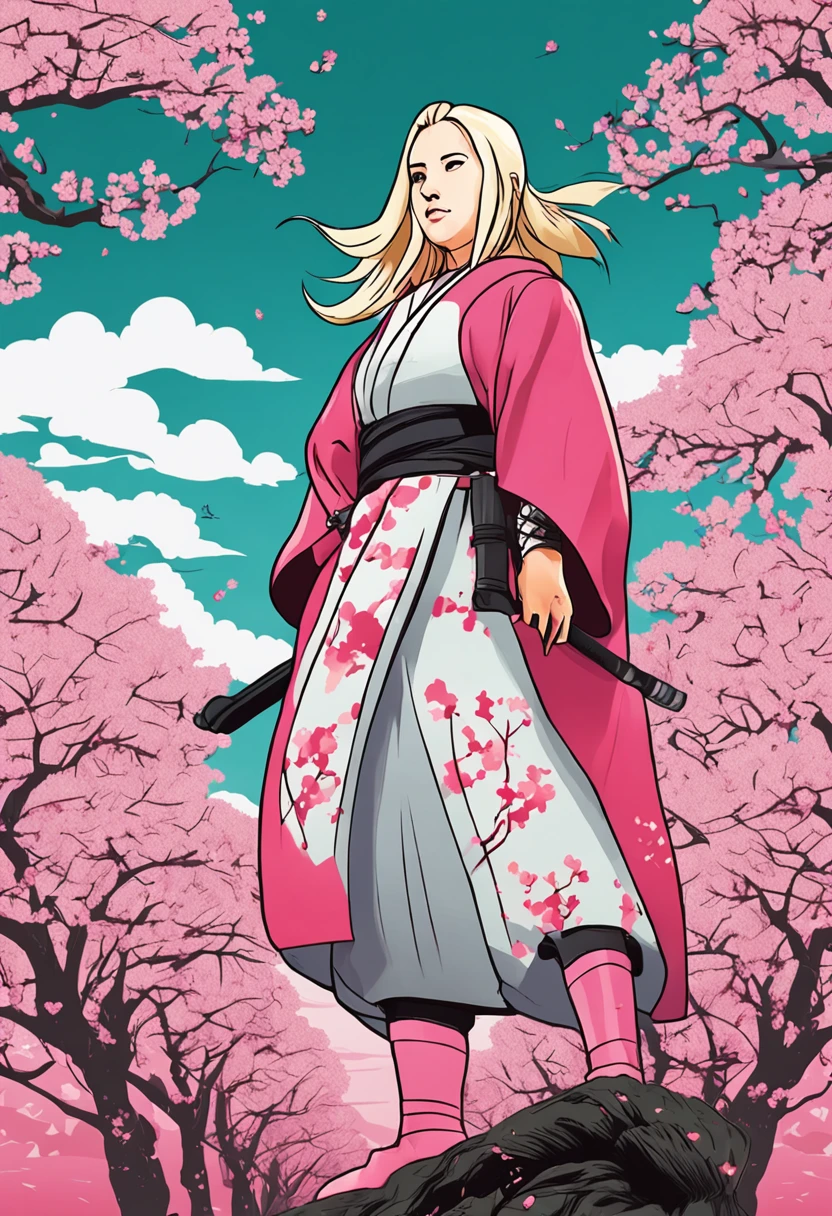 "Create a movie poster inspired by Masashi Kishimoto's Naruto featuring Lady Tsunade in a vibrant cherry blossom field."