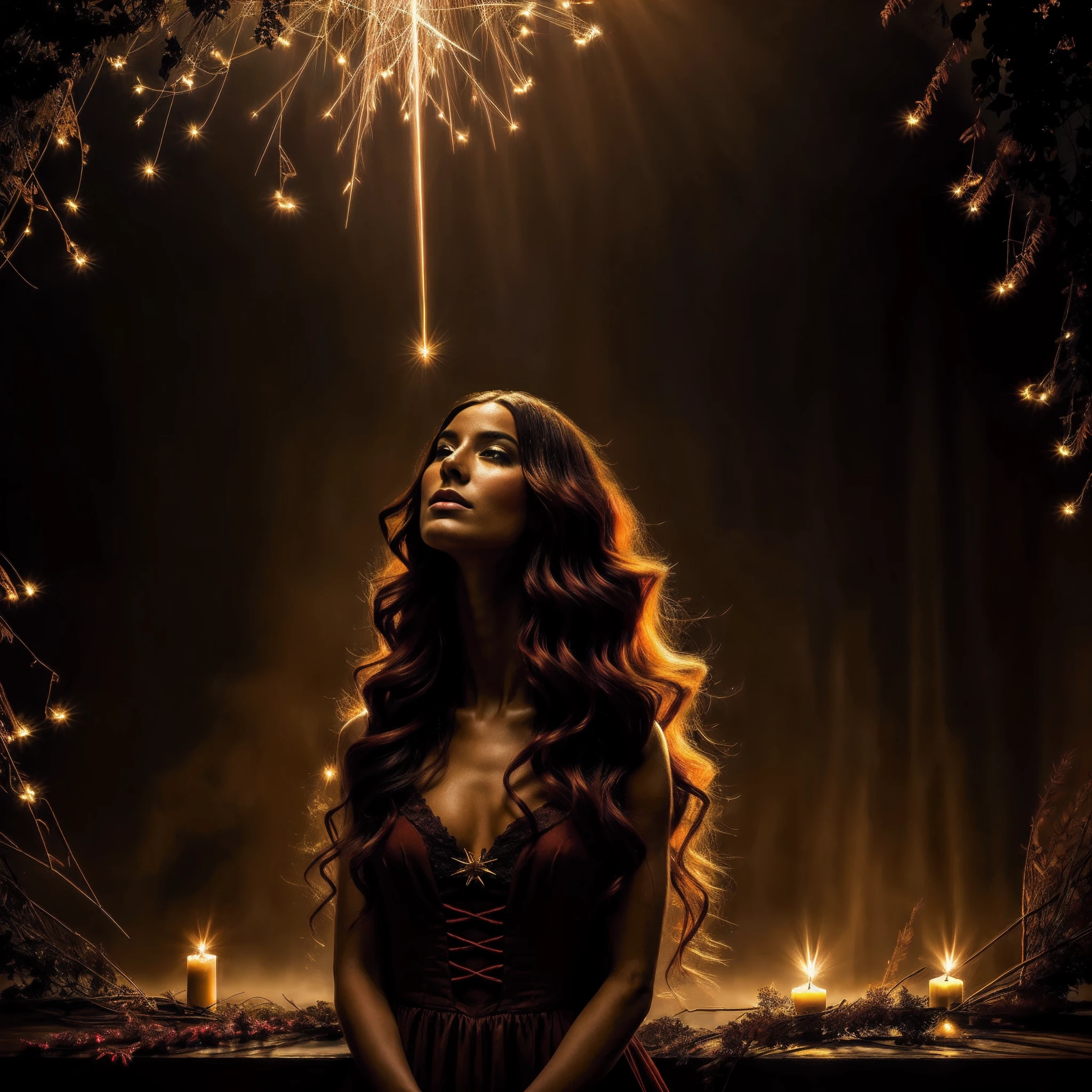 (obra maestra) (La mejor calidad) In a dark room of a strange reddish mist and golden sparks emerges a beautiful and beautiful witch of demonic appearance and great magical powers..... Your hair is being lifted upwards by a mysterious wind.