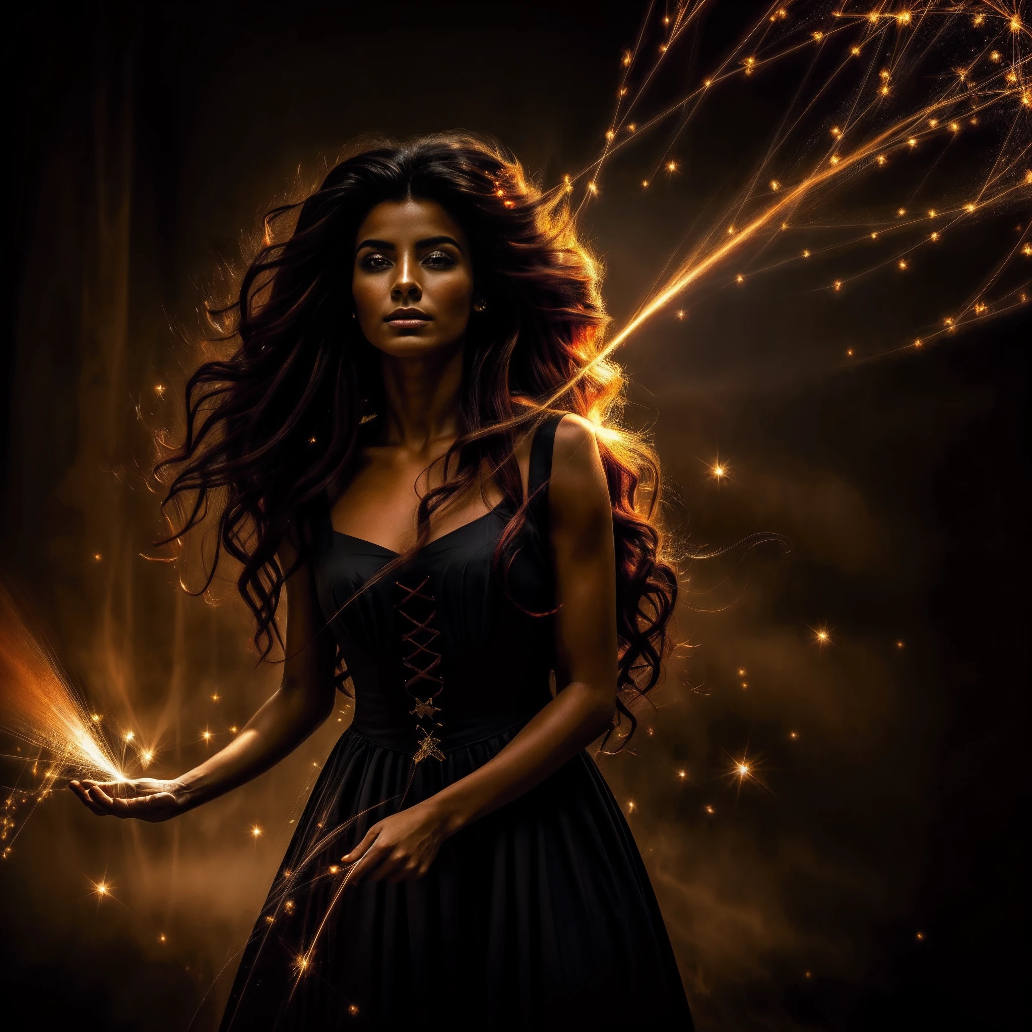 (obra maestra) (La mejor calidad) In a dark room of a strange reddish mist and golden sparks emerges a beautiful and beautiful witch of demonic appearance and great magical powers..... Your hair is being lifted upwards by a mysterious wind.