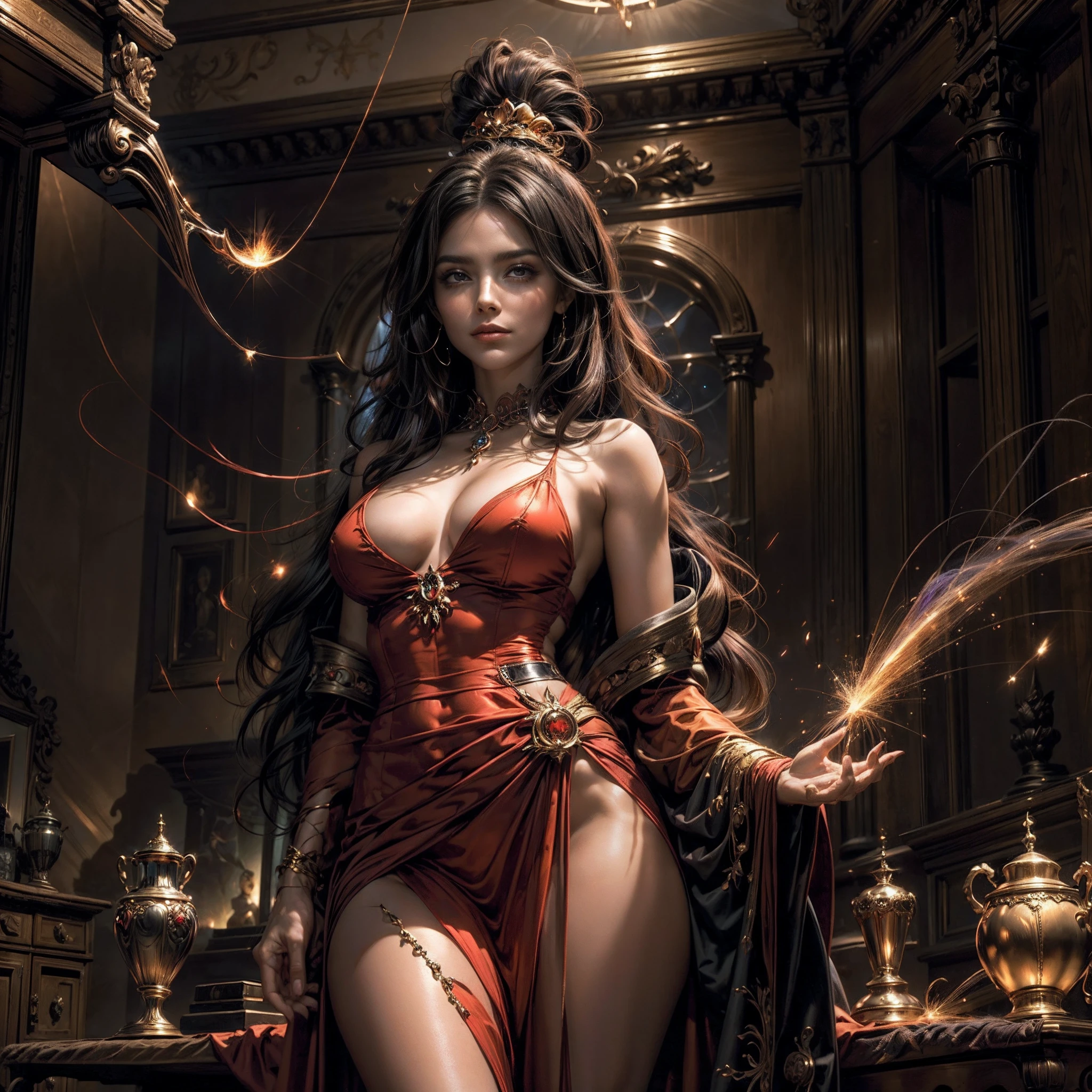 (obra maestra) (La mejor calidad) In a dark room of a strange reddish mist and golden sparks emerges a beautiful and beautiful witch of demonic appearance and great magical powers...... Your hair is being lifted upwards by a mysterious wind.