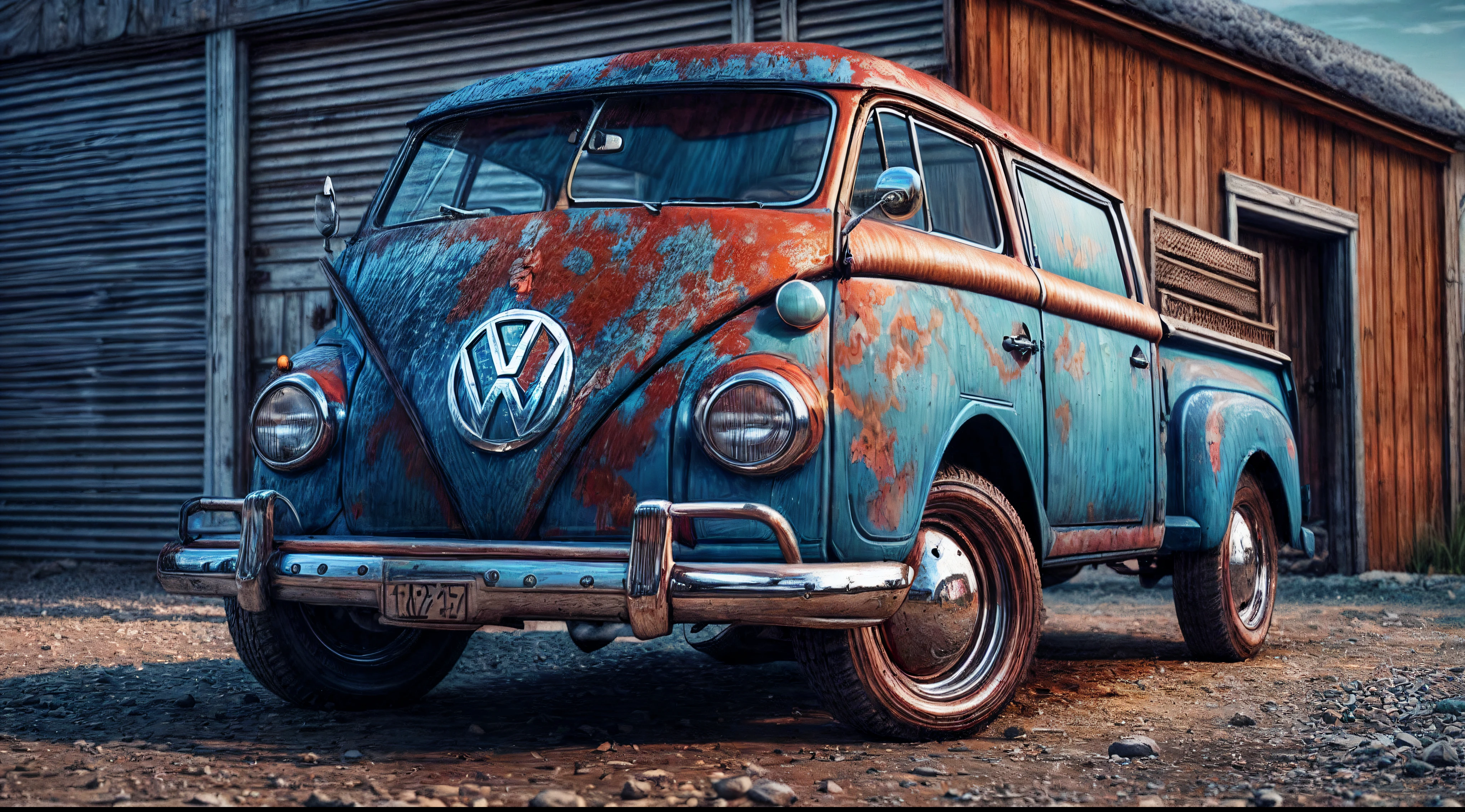 An intricate image of an old blue volkswagen pickup truck is parked by the garage, in the style of clean and streamlined, staining, i can't believe how beautiful this is, smooth and polished, gray and amber, rounded, expansive --ar 3:2 --style raw , micro-details, photorealism, one light, dark photo, deep shadows, shallow depth of field, photorealistic, Surrealism, high quality, masterpiece, 8k, 8k, super detail,