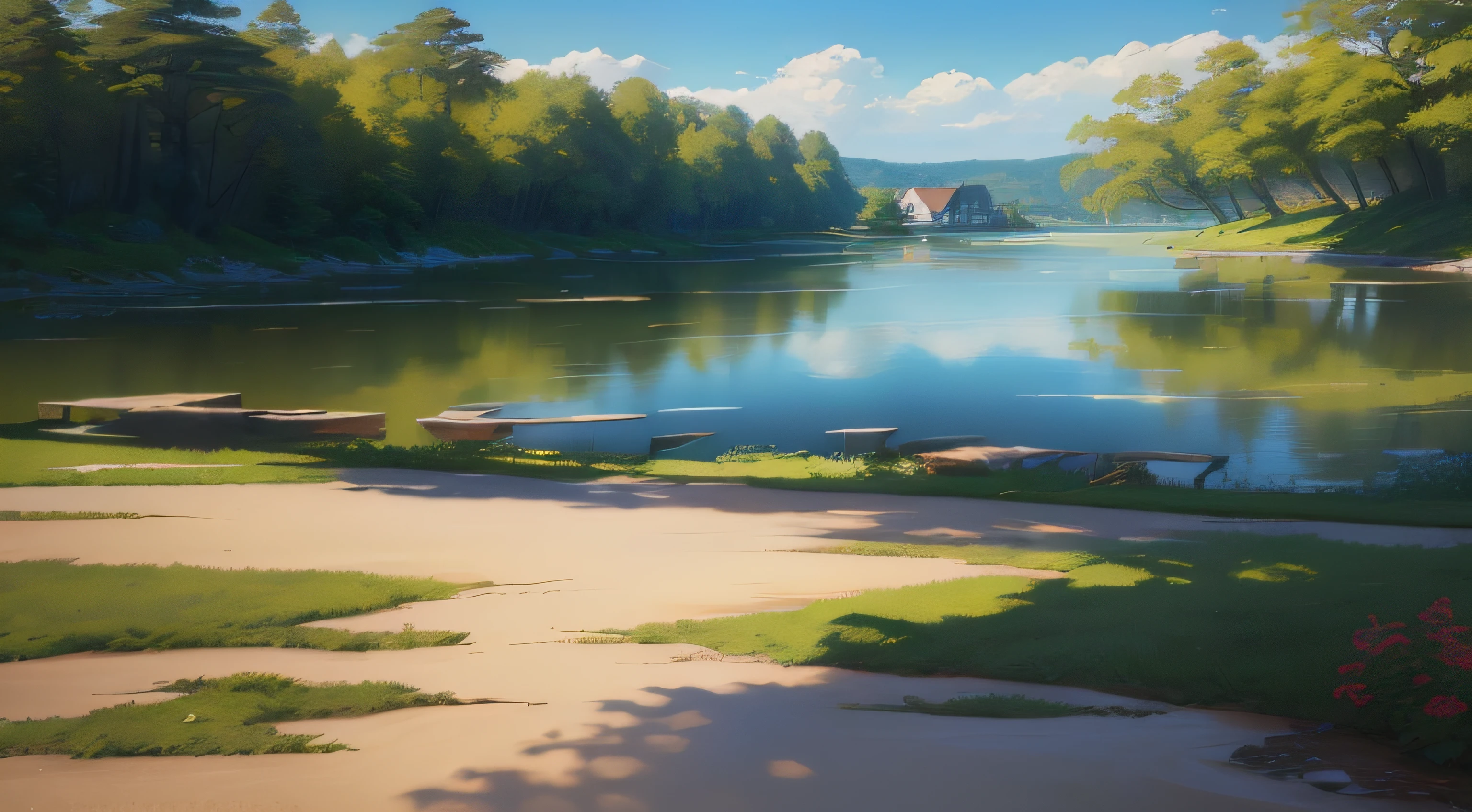 painting of a river with a house in the distance and a path in the foreground, environment painting, detailed painting 4 k, painted in anime painter studio, detailed soft painting, ross tran. scenic background, 8 k resolution digital painting, 8k resolution digital painting, photorealistic landscape, relaxing concept art, low detailed. digital painting, made with anime painter studio