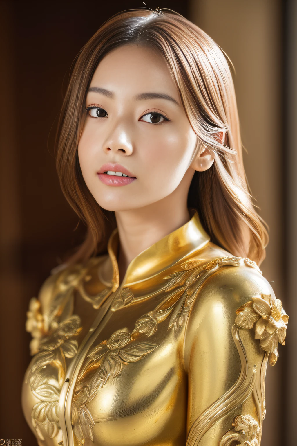 ((masutepiece)) 、((In gold))、 (A Japanese Lady、Young and beautiful)、((Detailed, Best Quality)) 、((colourfull))、 Carved intricate ivory graffiti 、((Baroque singing statue frescoes)) , floral motif , F16 Lens, Soft light, Digital Art Station Quality, Unreal Engine Octane Rendering, Yellow sun, Red tree, Expressive. Well detailed facial details ((Best Quality))