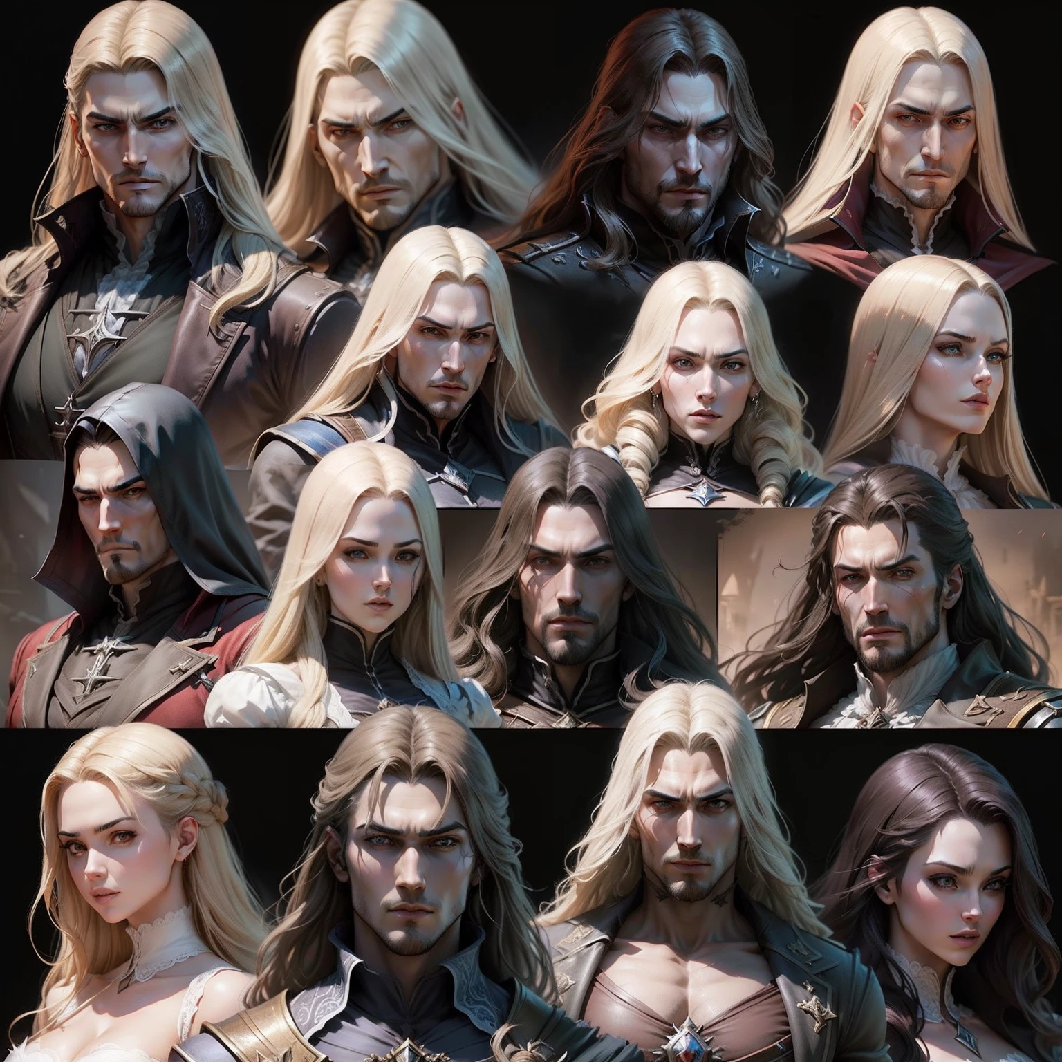 Character sheet design différents expressions différentes angles hyper realistic super detailed Dynamic Castlevania Lord of the shadows