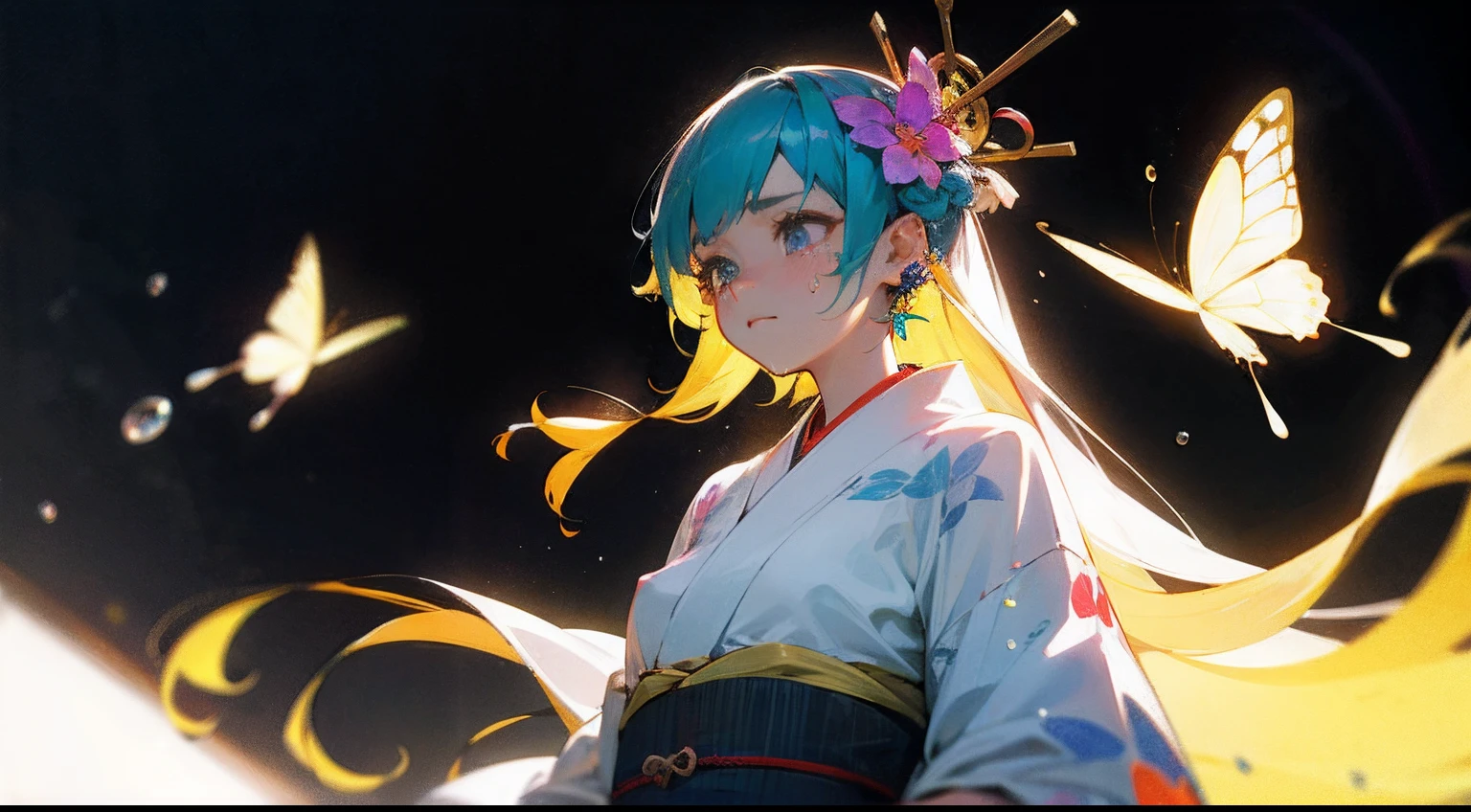 Octane Render、(Hyper-detailing: 1.15)、(Soft light、sharp: 1.2)、photoRealstic、Cute Fantasy Princess、Handgun shooting practice、Fine Pattern Pistol、ultradetailed eyes、Plump、A thick、Rainbow painting drops、Smear tears、woman made up from paint、Full Paint、Splash、Long color hair、Paint Kimono、Super luxury kimono、Rainbow Paint Kimono、（hair adornments、耳Nipple Ring、Floral hair ornament、butterfly hair ornament）
