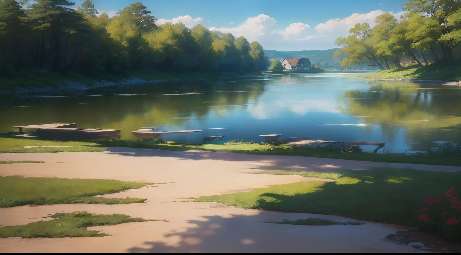 painting of a river with a house in the distance and a path in the foreground, environment painting, detailed painting 4 k, painted in anime painter studio, detailed soft painting, ross tran. scenic background, 8 k resolution digital painting, 8k resolution digital painting, photorealistic landscape, relaxing concept art, low detailed. digital painting, made with anime painter studio