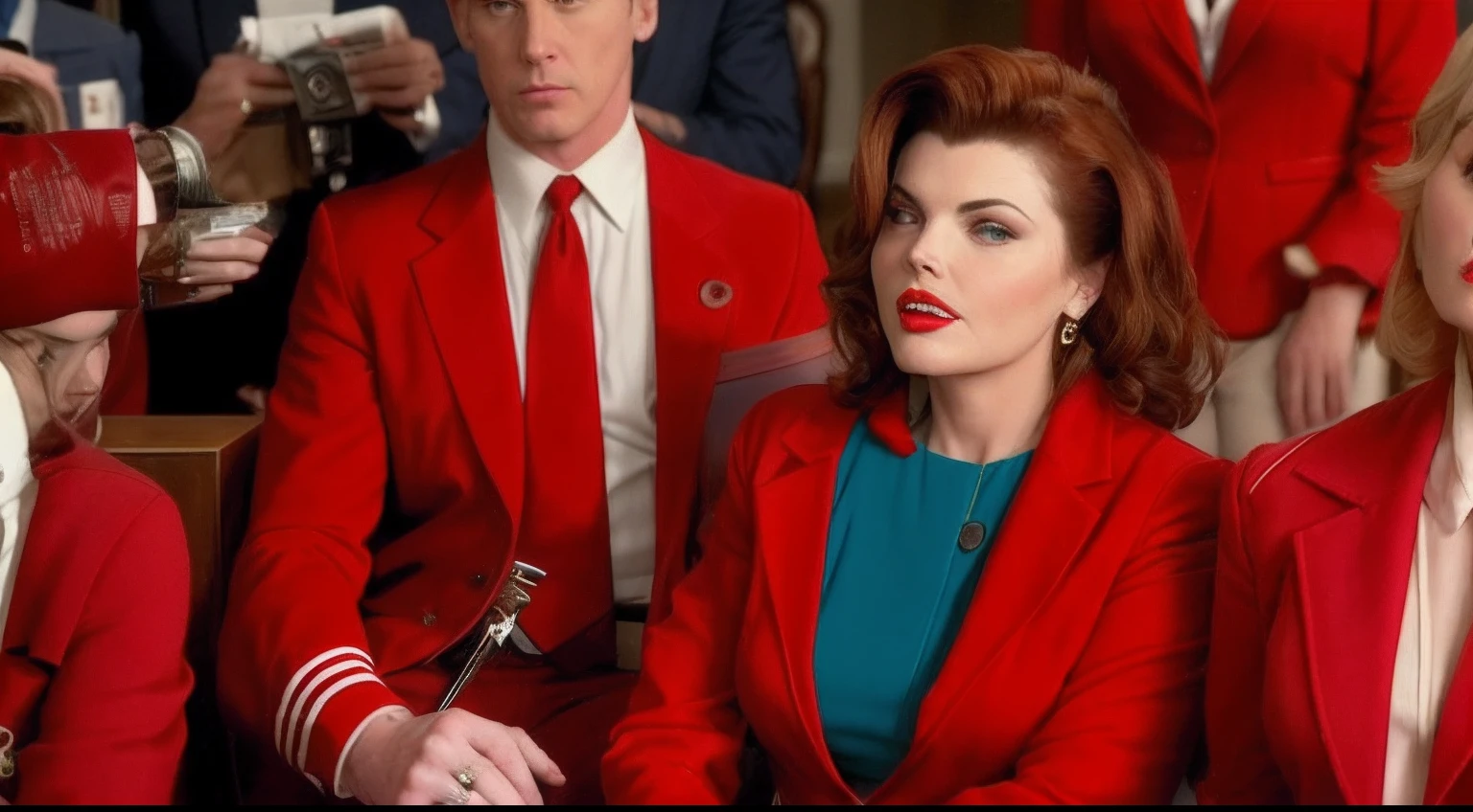 there is a woman in a red jacket and a man in a suit, sherilyn fenn 2 , movie screencap, inspired by Helen Thomas Dranga, sherilyn fenn 2 2 years olded jacket, joyce ballantyne style, alena and bluth, favorite scene, still image from tv series, red suit