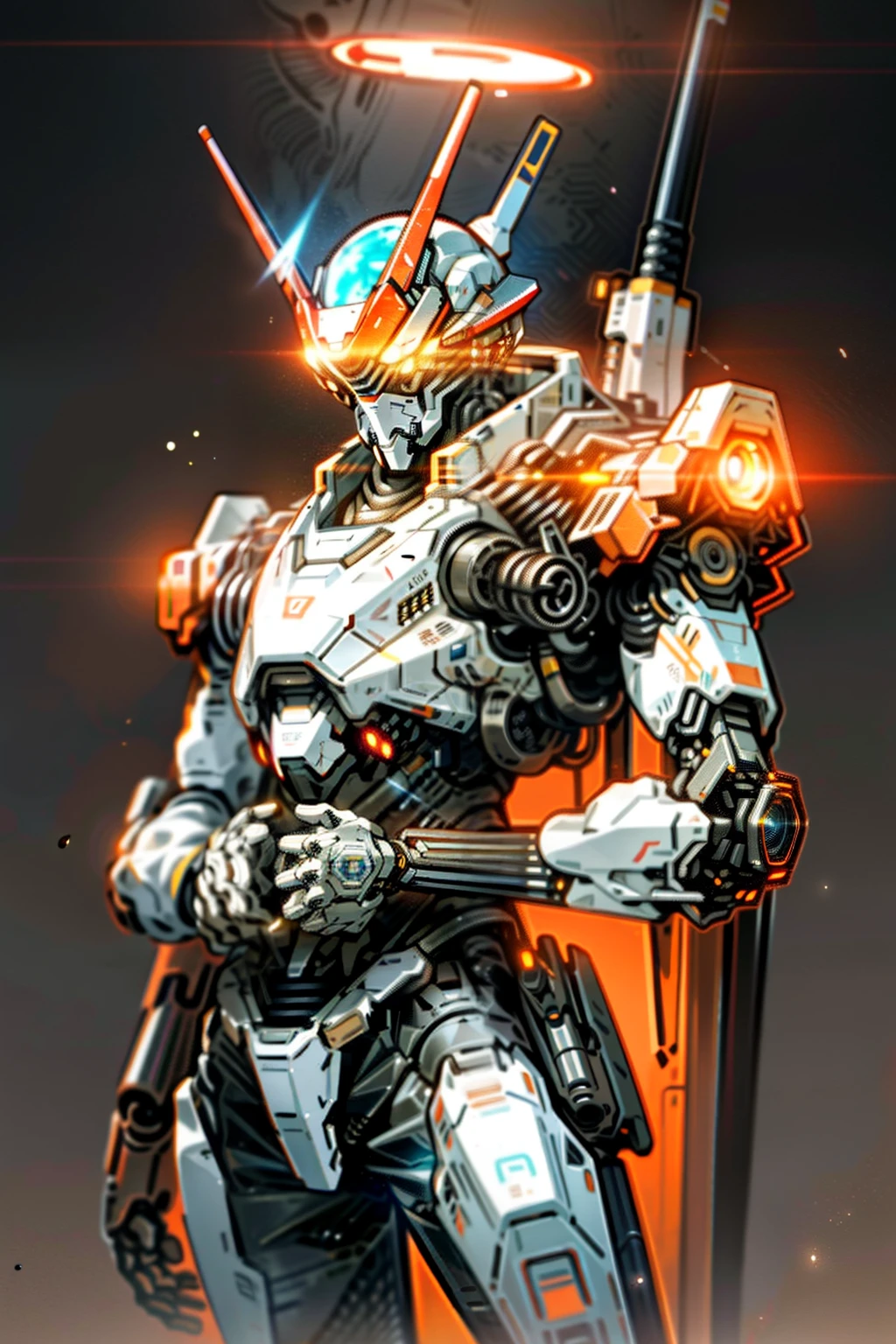 On Mars,barren planets,废墟,holdingweapon,without humans,with light glowing,droid,buliding,glowing light eyes,orange Mecha,scientific fiction,城市,Realistis,mechs,Milky Way Galaxy background,full bodyesbian,neonlight,cyber punk perssonage,