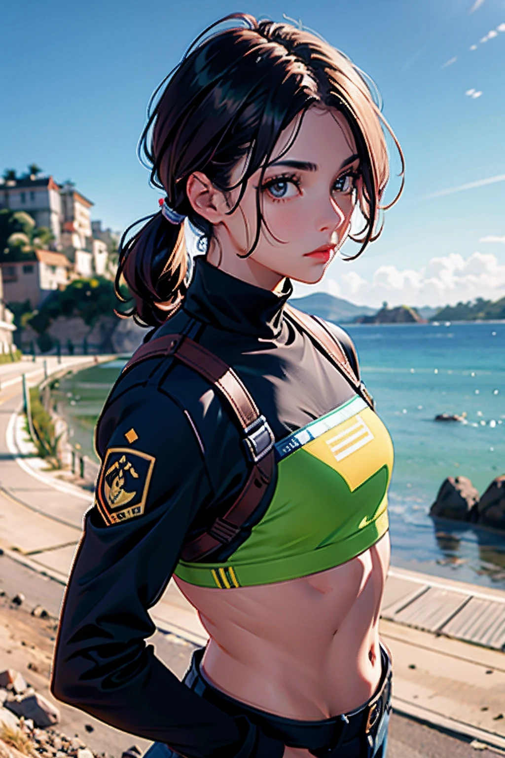 Ela era jovem,but he had an air of competence, os cabelos castanhos cor de rato presos em um coque arrumado, o uniforme impecavelmente passado. hazelnut colored eyes 8k image quality good background landscape.